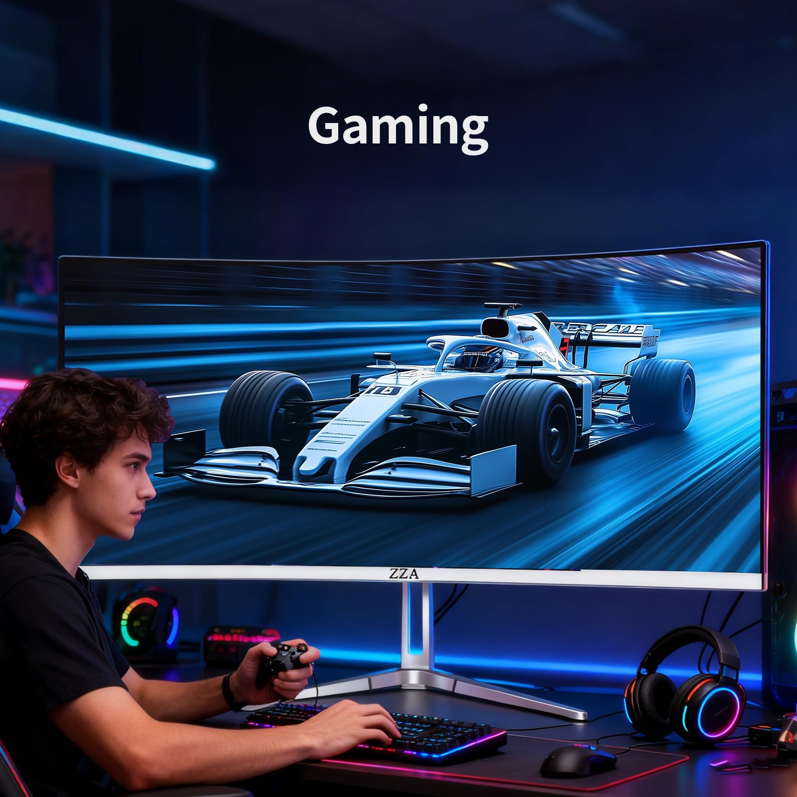 ZZA Monitor do gier 34'' - 165 Hz/180 Hz WQHD (3440 x 1440P), zakrzywiony monitor o ultra szerokości 34 cali, FreeSync do gier bez przerwy, 100% sRGB, HDMI 2.1 i DP 1.4, PBP Mod