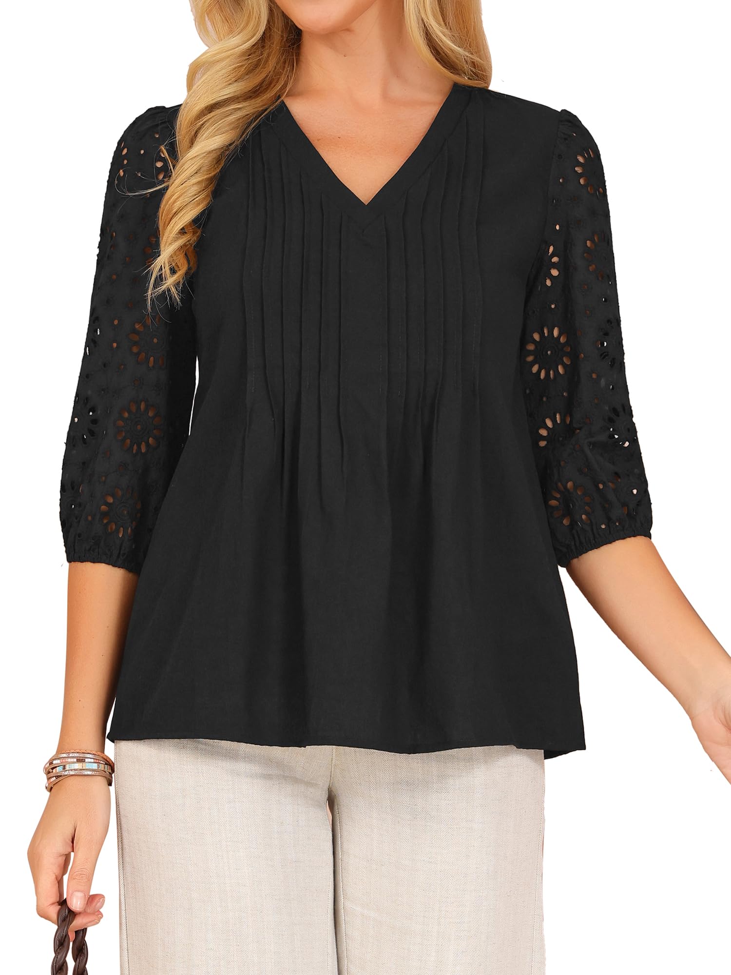 Seta T Mujer Top Peplum Calado Bordado Manga 3/4 Escote en V Casual | Front Pleated Soft Cotton Blend Loose Fit Dressy Fall Tops