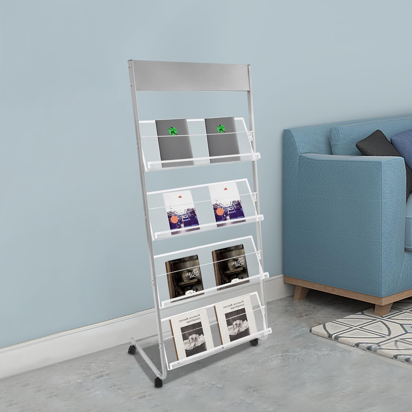 Zeitschriftenständer Zeitungsständer Modern Metall Magazinhalter 4 Ebenen Rollregal Freistehend mit Rädern für Büro Empfangsbereiche Wartezimmer und Studios (Silber)