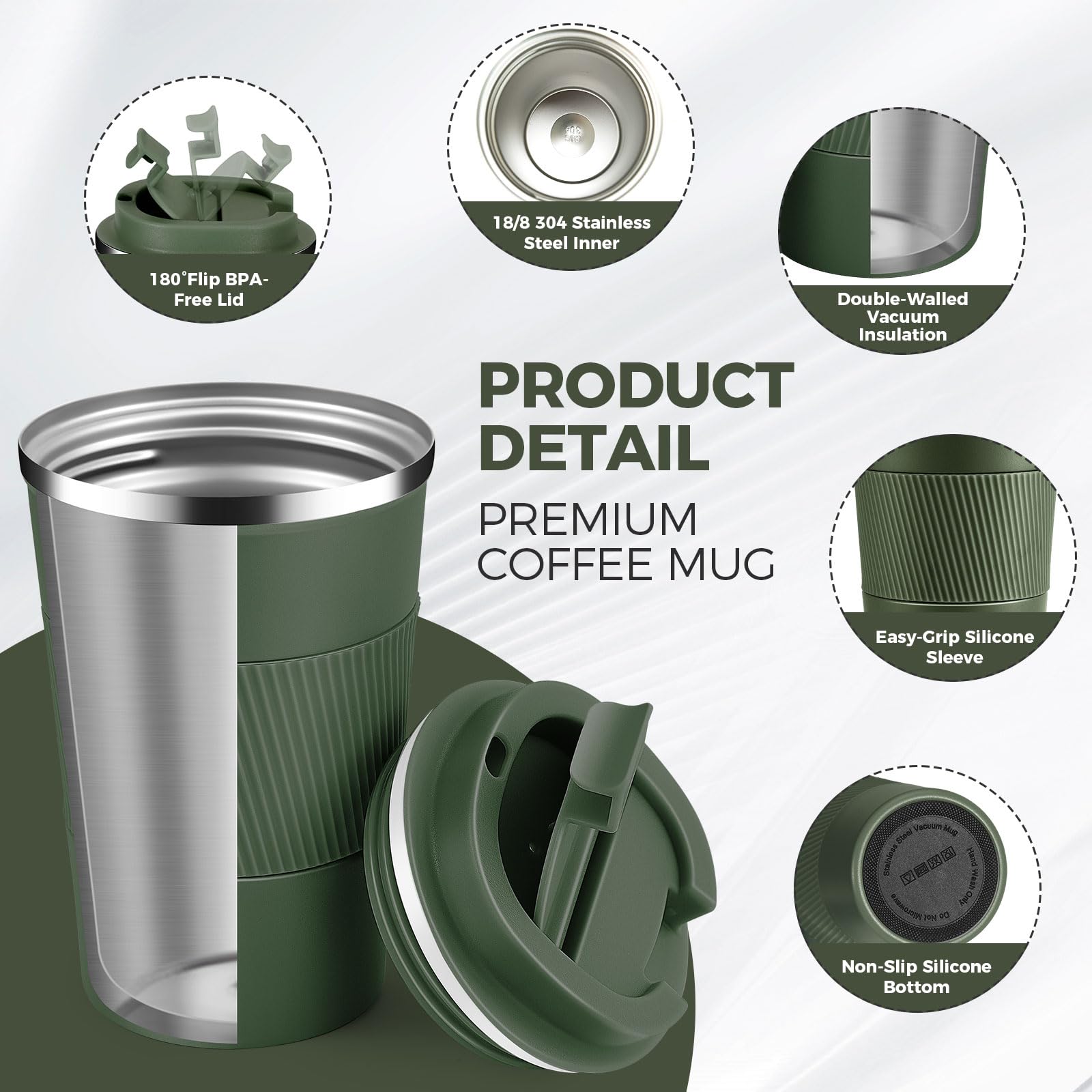 Volhoply 380ml 13oz Stainless Steel Insulated Travel Coffee Mug with Fip Lid,Reusable Double Wall Vacuum Metal Coffee Cup,Portable to Go Leak Proof Cafe Tumbler for Hot & Cold Drinks(Army Green,1) - Image 3
