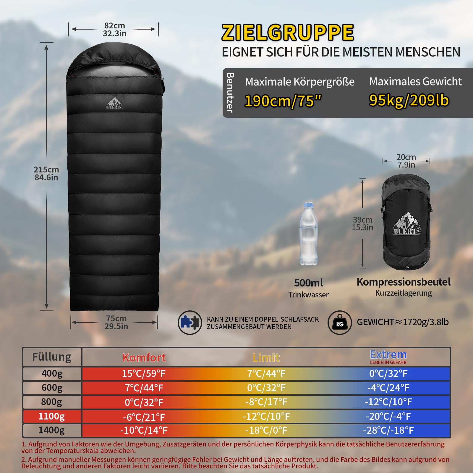 Ultraleichter Daunenschlafsack (680FP) – Kompaktes Packmaß – 3 Jahreszeiten Schlafsack für Erwachsene zum Trekking, Camping & Bikepacking – RDS zertifizierte Daune.