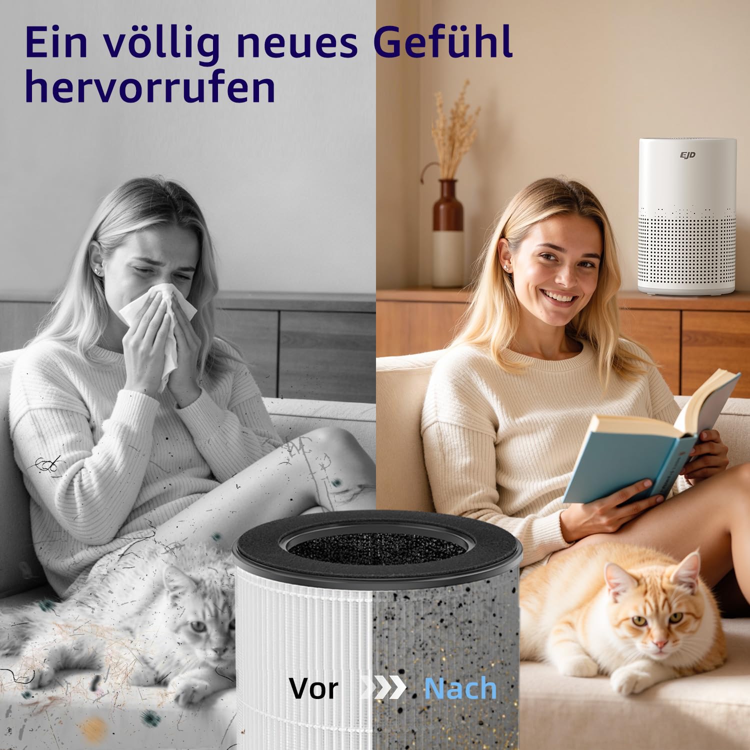 EJD Luftreiniger für Schlafzimmer und Zuhause, leiser H13 HEPA | 3-stufiger Filter, 3 Geschwindigkeiten, 12 dB Schlafmodus gegen Pollen, Staub, Tierhaare, Gerüche