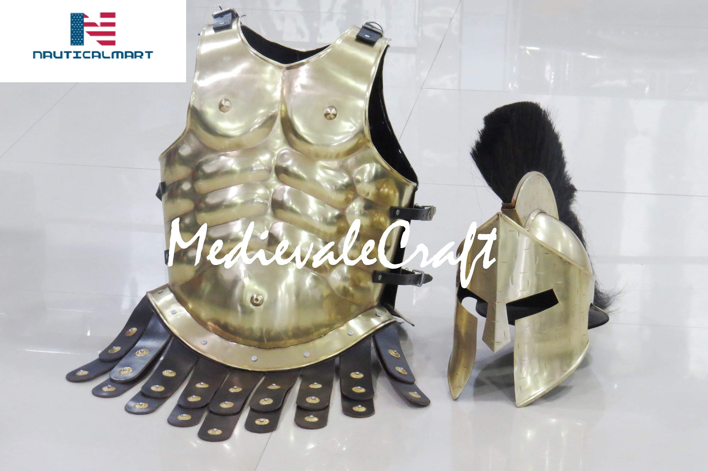 Medieval Brass Greek Muscle Armor Roman Cuirass with 300 Spartan Helmet Halloween Costume