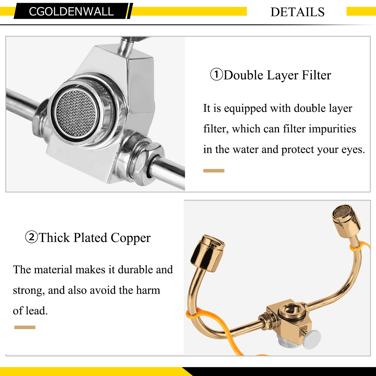 CGOLDENWALL Lavaojos de Emergencia con Doble Cabezales de Cobre Shapado Grueso & con Filtro de Doble Capas para Uso Industrial y de Laboratorio (Lavaojos)