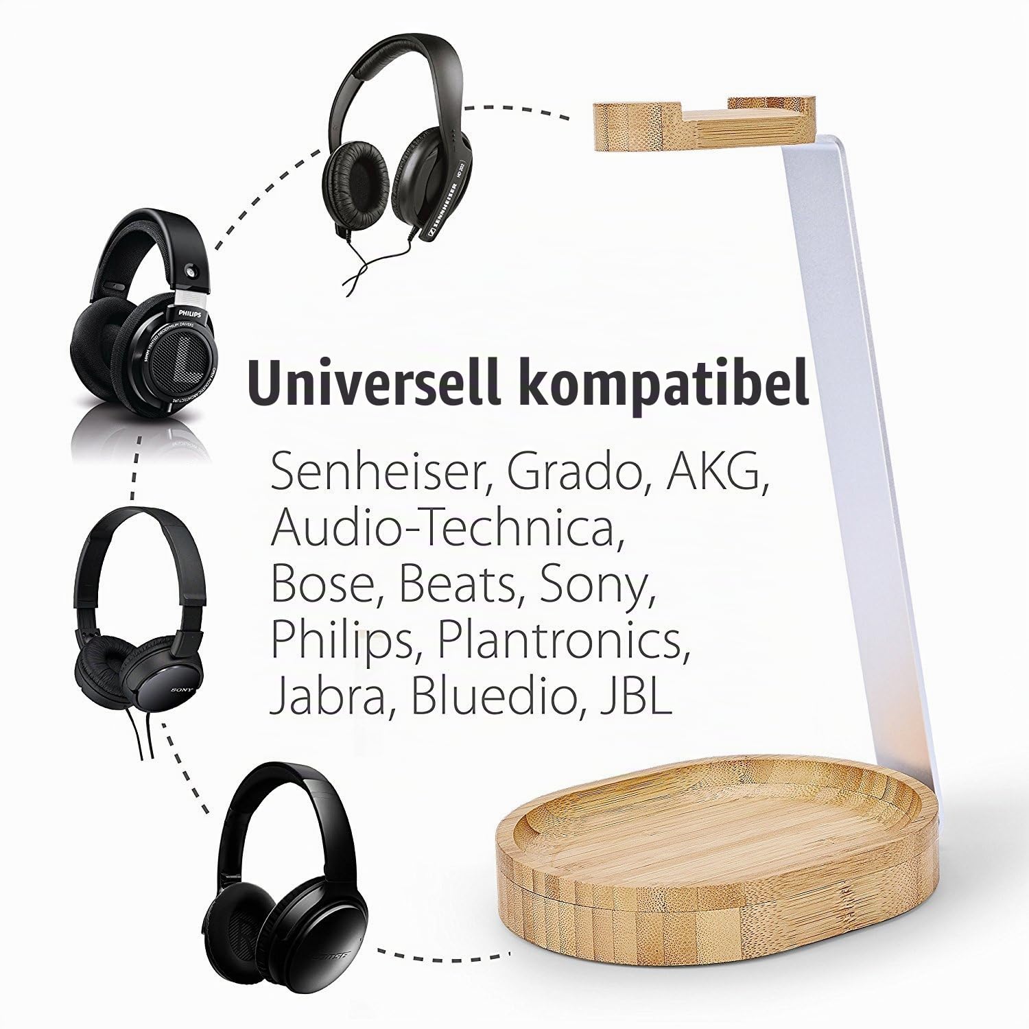 Avantree TR902 - Universaler Baum & Aluminium kopfhörerständer, Stabil Headset Halter Halterung Holz mit Kabelhalter