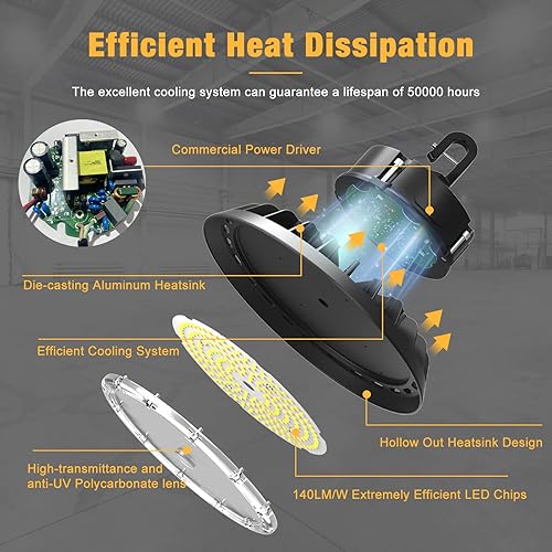 Miniatura 4 de UFO - Luz LED de alta bahía de 100 W, luces LED de alta bahía de 14,000LM, 0-10 V, regulable, cable de 6 pies con enchufe estadounidense, gancho