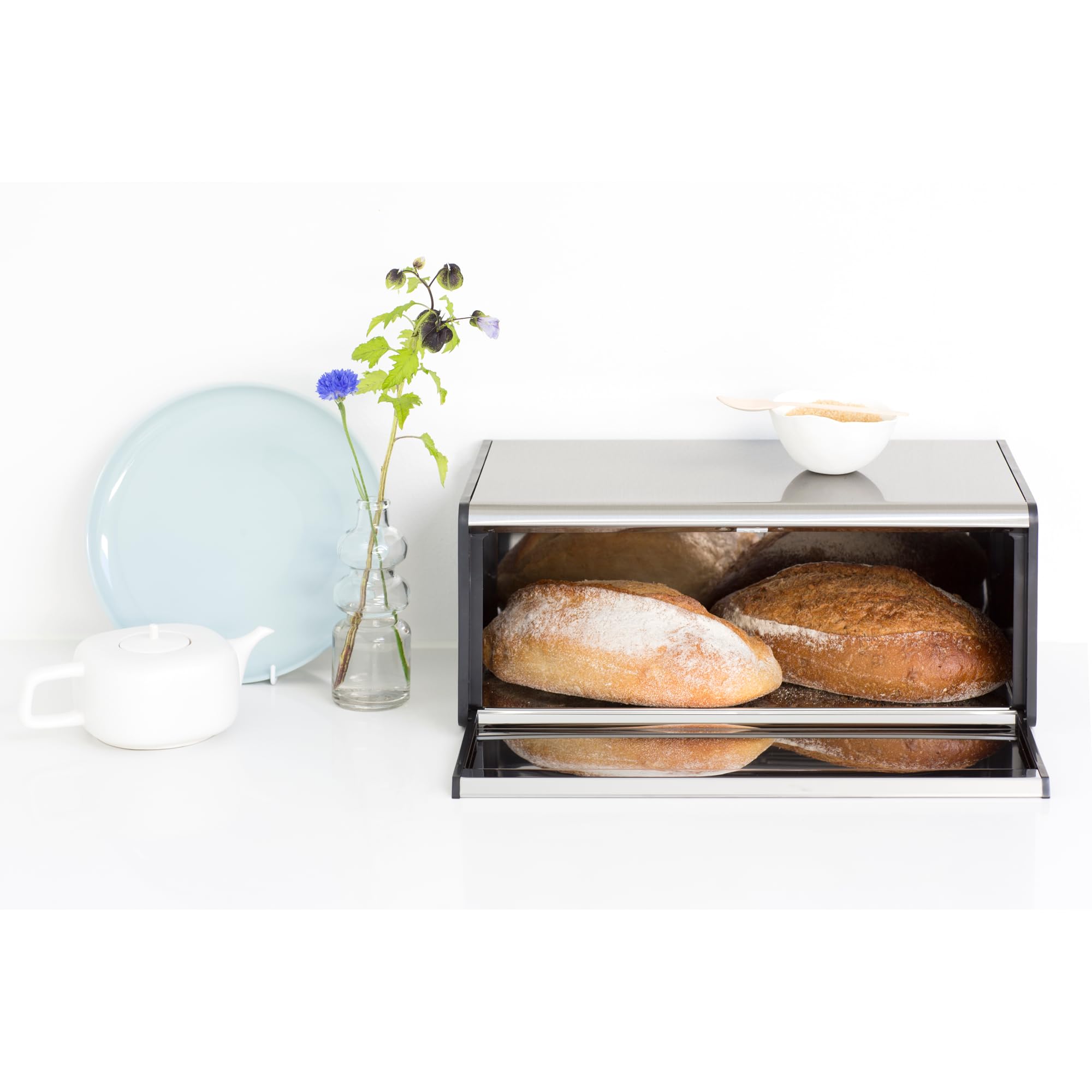 Brabantia Fall Front Portapane, Grande Contenitore da Banco per Pane, Bagel, Panini, Design Salvaspazio con Piano d'Appoggio, Matt Steel