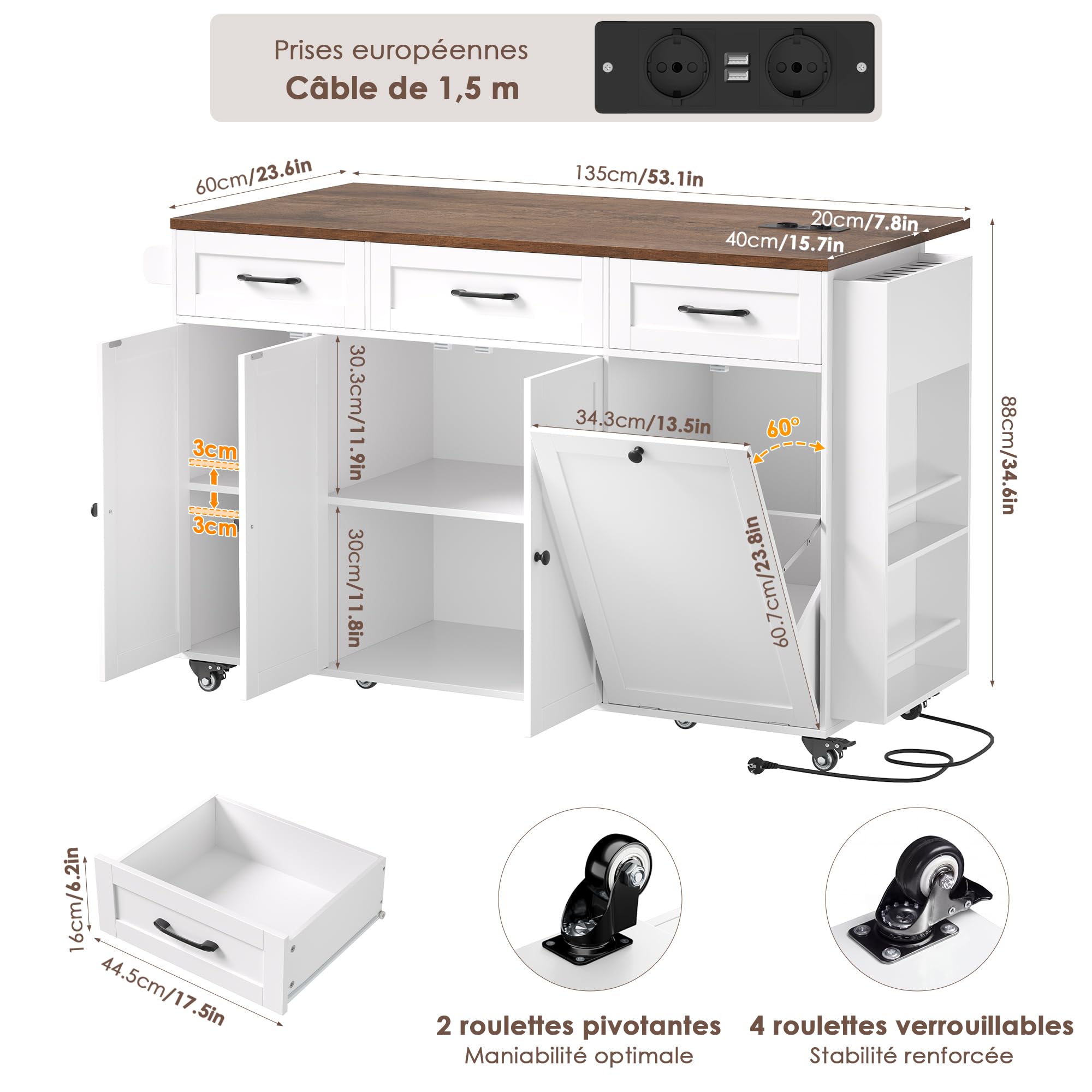 FirFurd Ilot Central Cuisine avec Rangement et Prise/USB, Meuble Cuisine avec Plan de Travail Pliable, Desserte îlot de Cuisine sur roulettes, Salles à Manger, sans Poubelle, 135x60x88cm Blanc