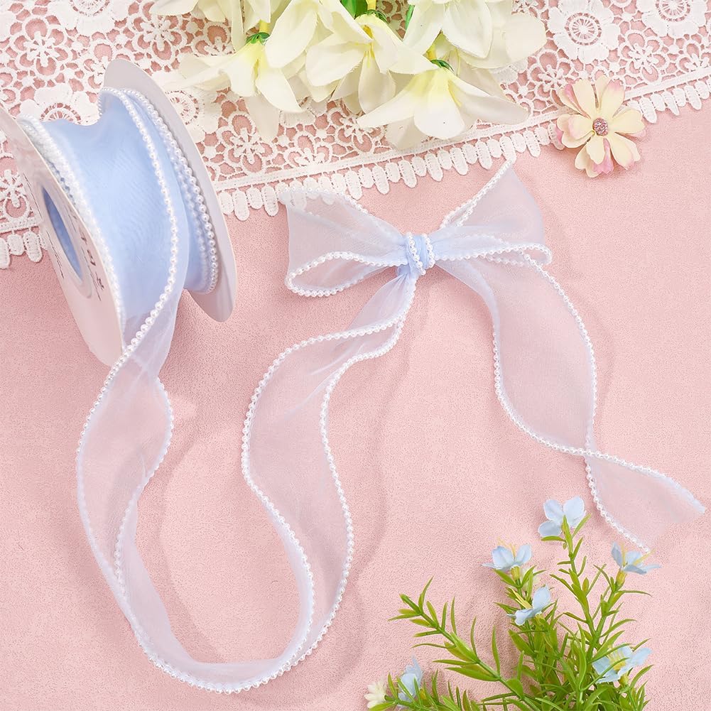 5 Yards 1 1/2 Inch Light Blue Faux Pearl Edged Ribbon Smooth Organza Fishtail Ribbon Sheer Mesh Ribbons Bundle Rolls with Spool for Sewing Making Crafts Gift Wrapping Handicraft DIY Supply image 3