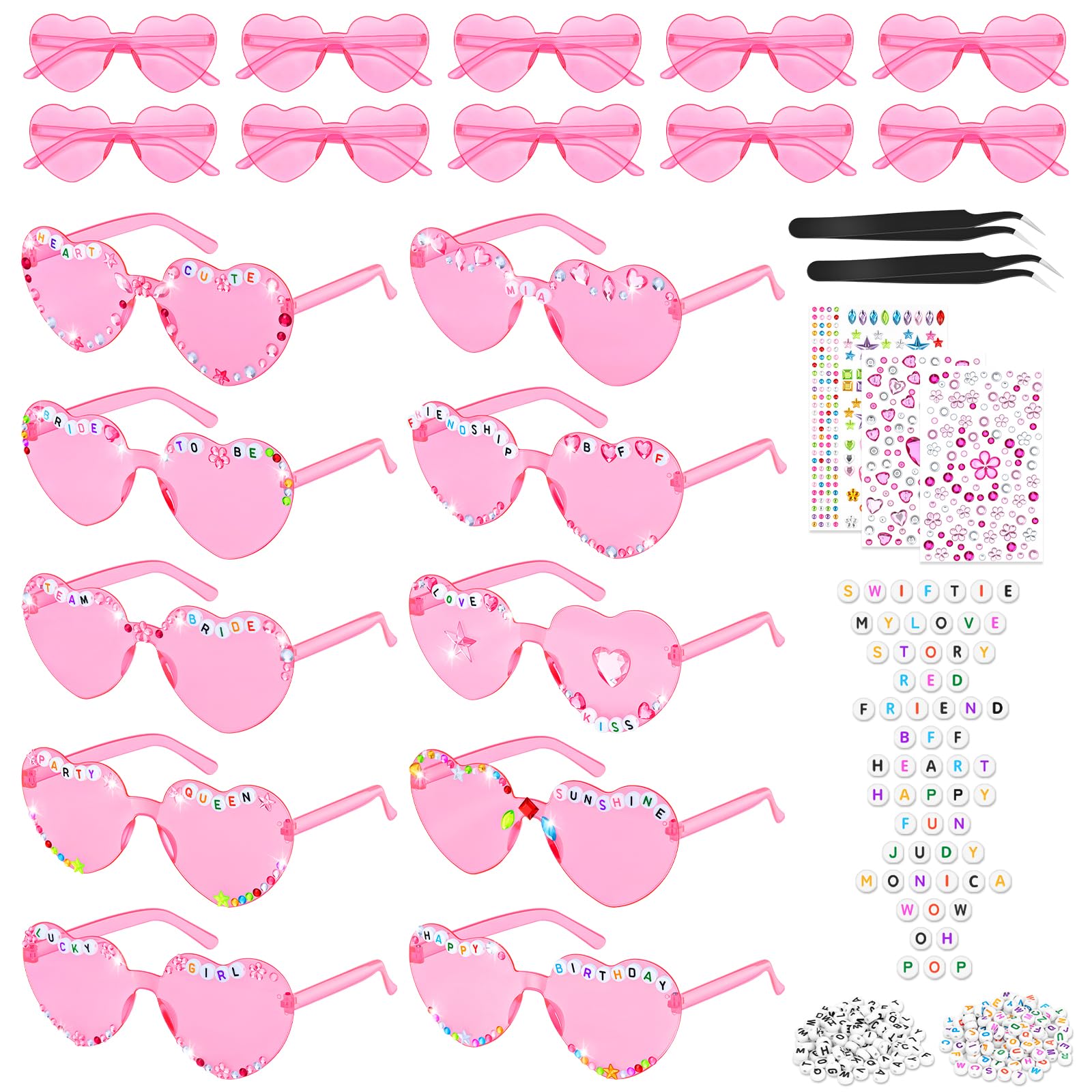 SelfTek 10 Pcs DIY Heart Glasses - Pink Rimless Heart Sunglasses DIY Colorful Friendship Glasses with Letter Beads and Rhinestones Party Eyewear for Birthday Hen Party