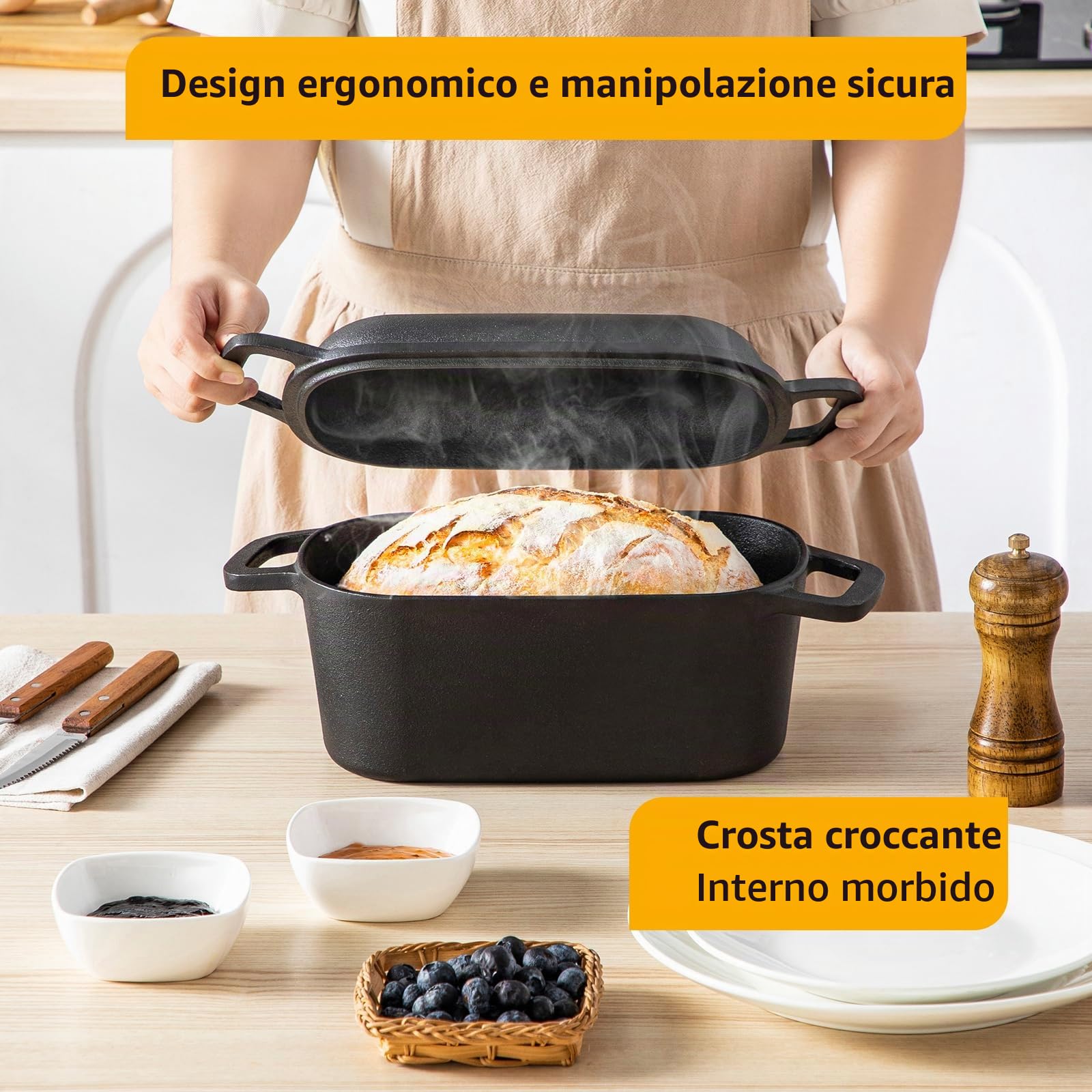 Velaze Pentola in Ghisa per Pane 3.4L - Casseruola in Ghisa Smaltata Rettangolare 27x15cm con Coperchio, Interno Crema Antiaderente - Forno Olandese per Cuocere il Pane e Arrosti, Adatta Induzione