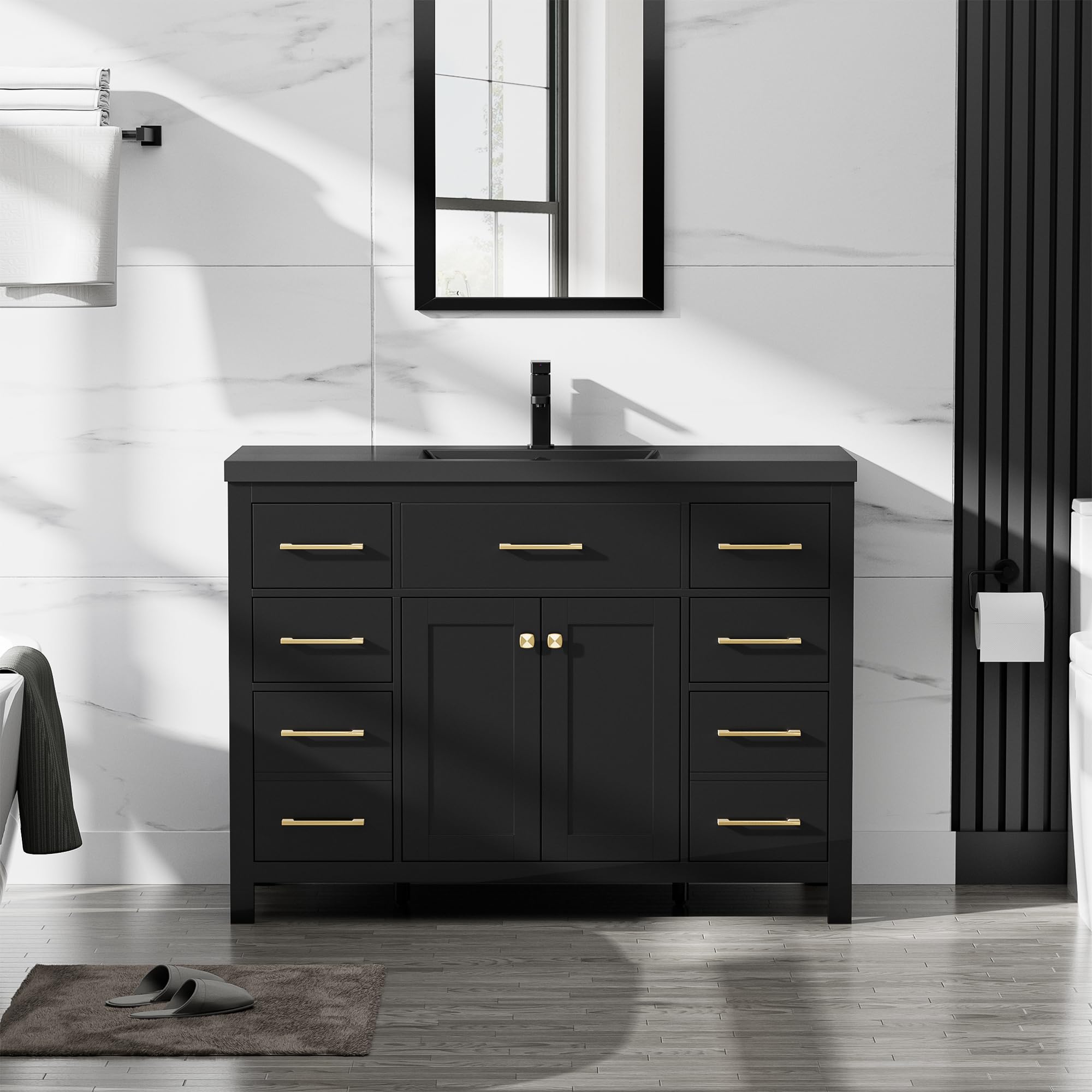 LUCKWIND 48 inch modern bathroom vanity with a single black solid surface sink and matte black faucet