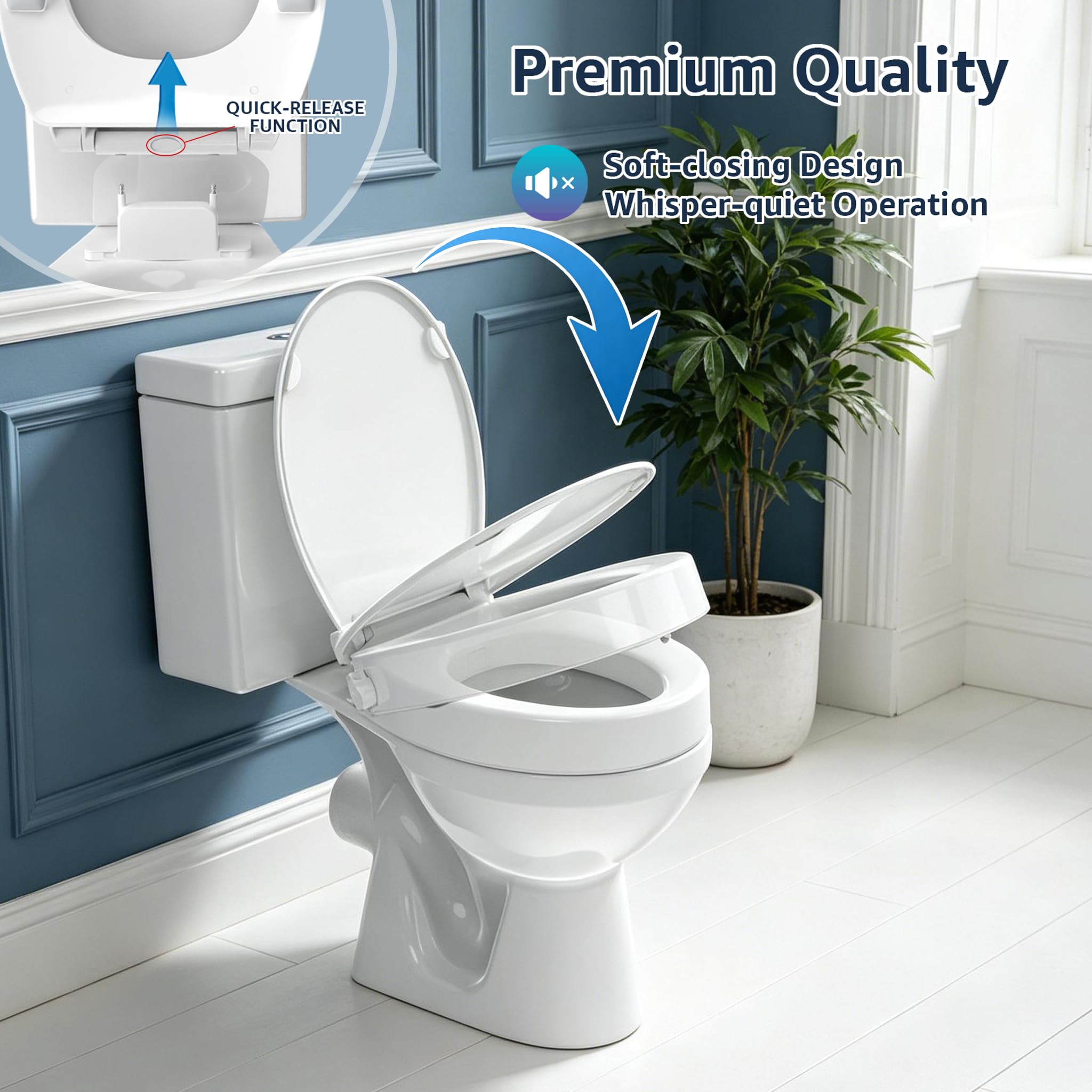 Huttdmel Sedile WC rotondo rialzato per bidet per anziani, alzata da 7,1 cm, chiusura ammortizzata, sgancio rapido, antiscivolo, non elettrico, lavaggio anteriore e posteriore per anziani, disabili e