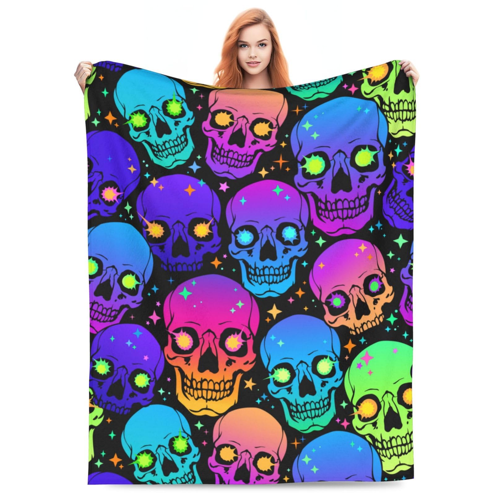 Neon Bright Human Glowing Eyes Skulls Blanket Calavera Colorful Art Bone Horror Skull Gifts Throw Blanket for Adult Kids Super Soft Flannal Skull Blanket for Bed Couch Sofa Home Decor 60X50 Inch — image 1