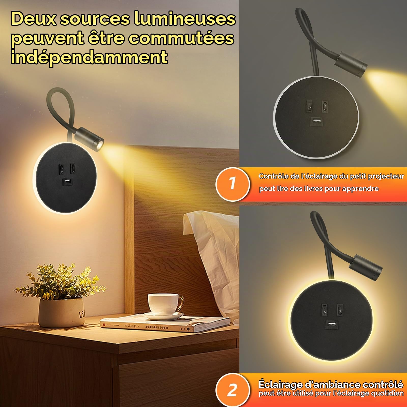 Applique murale LED Lampe Col de Cygne Flexible, 3W 9W Applique de Lecture avec Port de Charge USB et interrupteur, 2 pièces Liseuse Fixation Murale Spot réglable pour Chambres Salon Hôtel (noir)