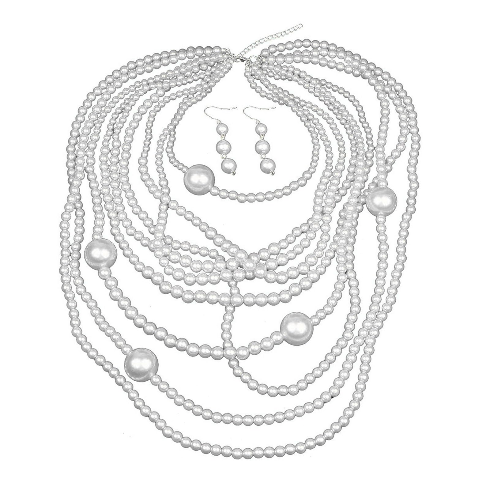 Riiichflowshop Women's White Elegant Multilayer Beads Necklace And Earrings Set, Imitation Pearls Texture, Jewelry Set For Various Occasions