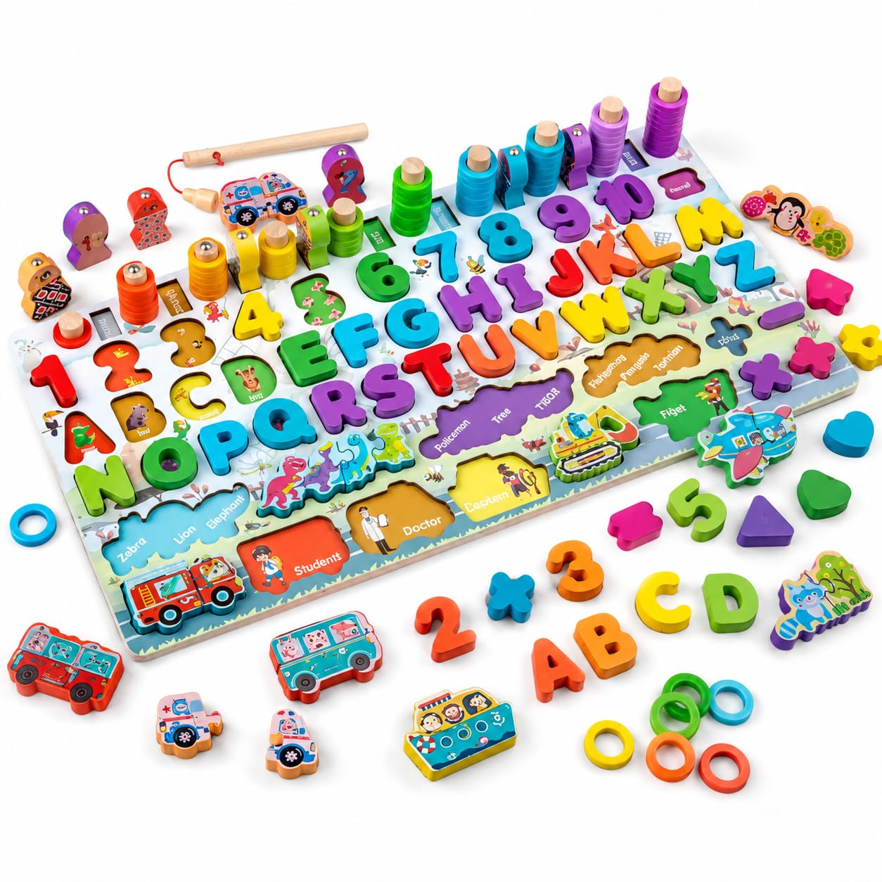 7-in-1 Wooden Learning Board for Toddlers, Alphabet and Number Puzzle with Stacking Rings, Animal and Vehicle Pieces, Shape Sorting and Magnetic Fishing Game, Educational Toy for Children Age 3+