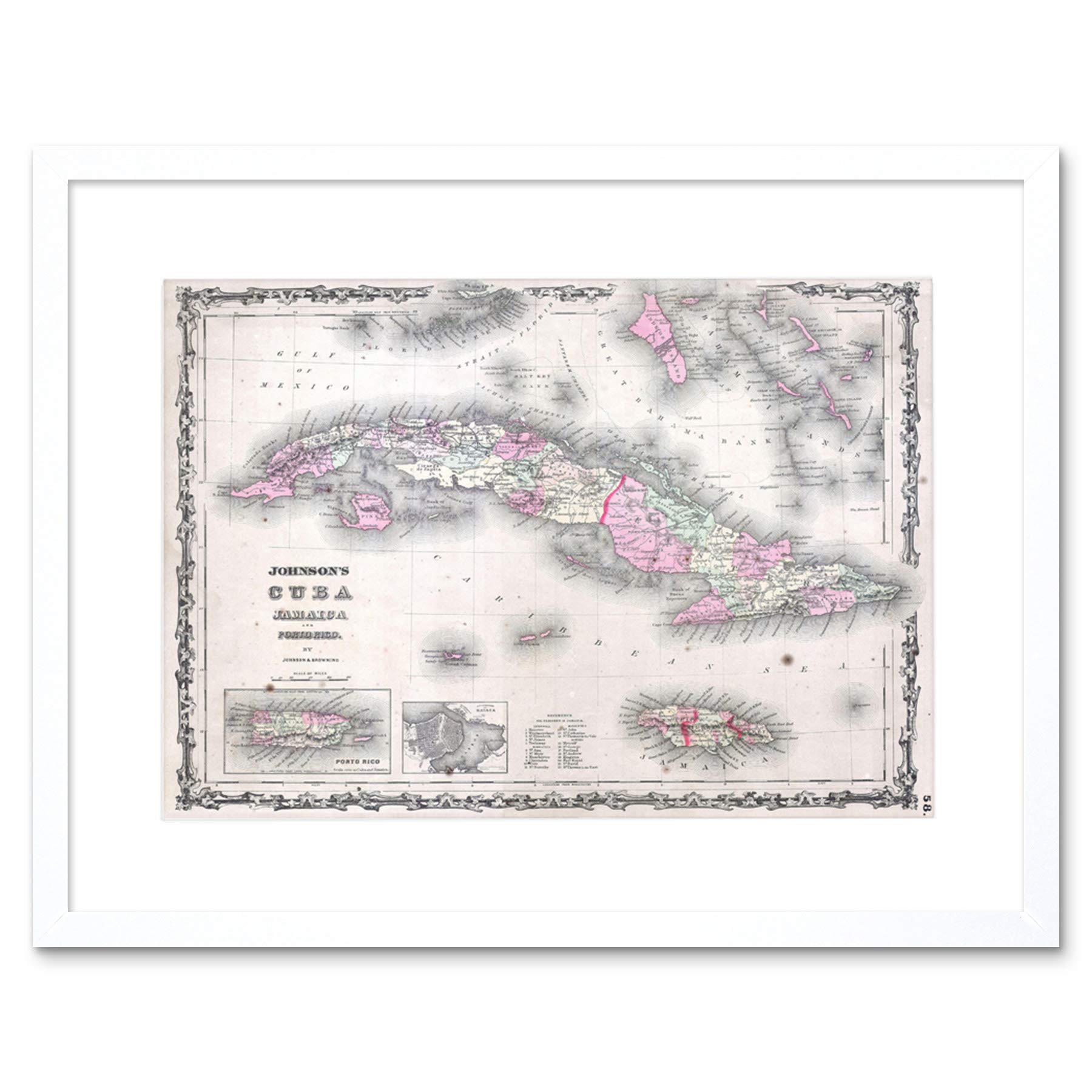 Wee Blue Coo Map Antique Johnson Cuba Jamaica Framed Wall Art Print
