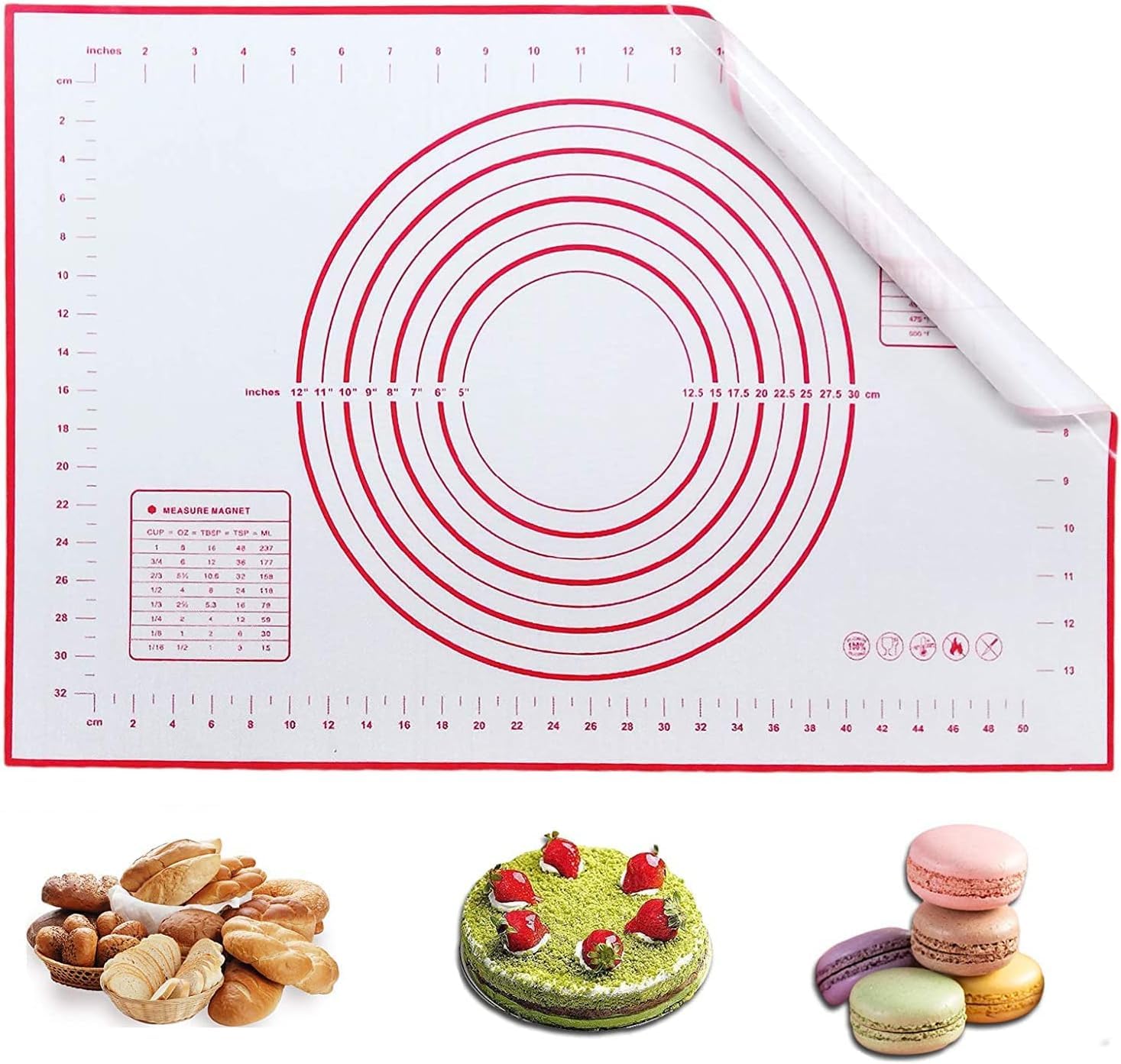 Silicon Mat 60 * 40 For Dough, Bakery, Cake, Pies And Pizza, Including An Illustrated Graphic Of The Sizes And Basic Sizes Of Pizza, Cake And Pies