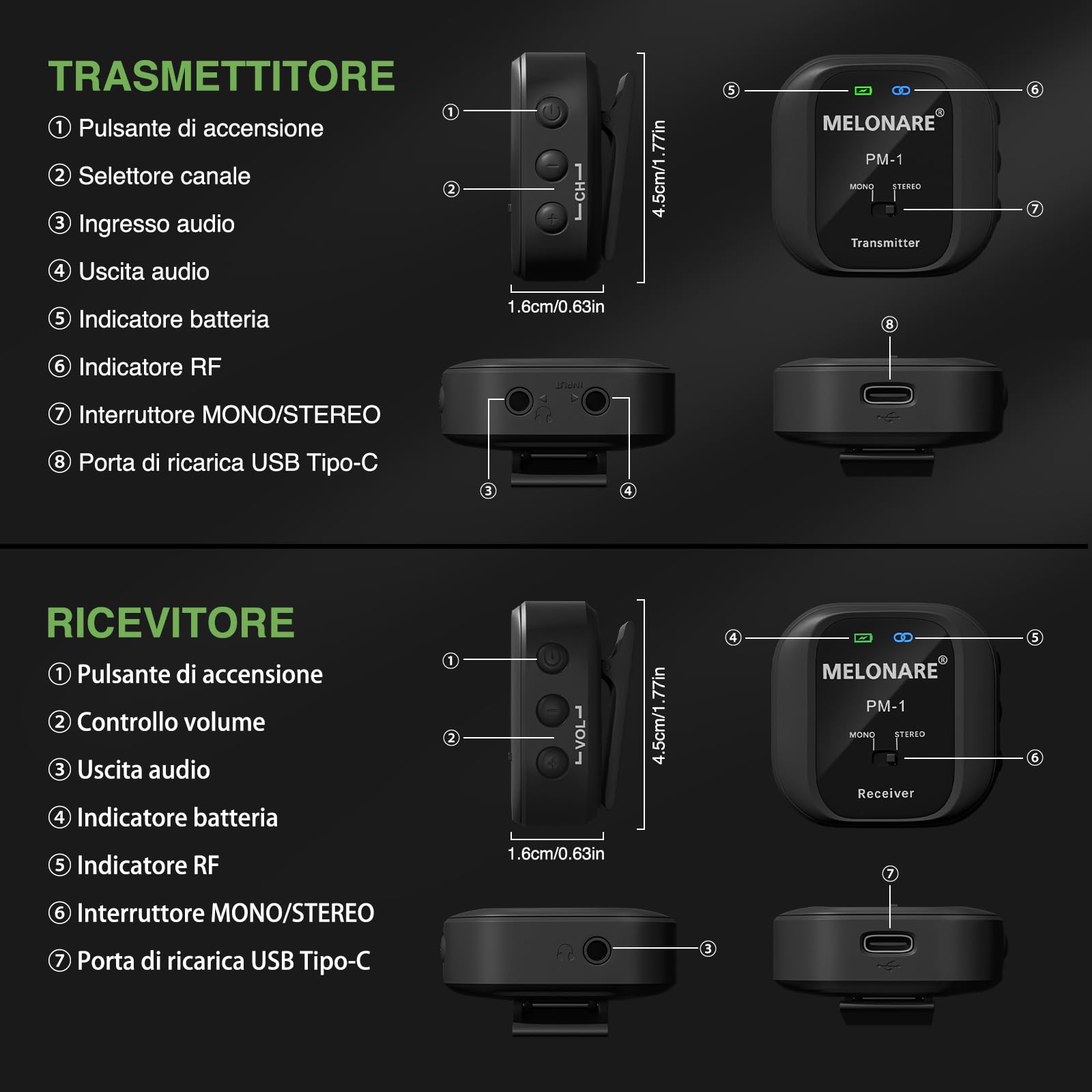 Melonare PM-1 - Sistema di monitoraggio in-ear wireless UHF 500 MHz, audio HD, trasmettitore e ricevitore Beltpack, 10 canali, mono/stereo, IEM per esibizioni dal vivo