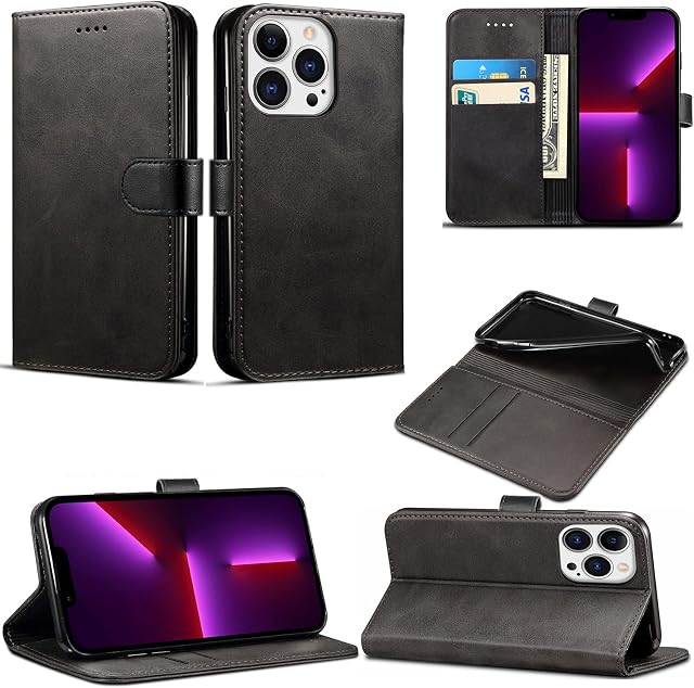 Case Compatible With iPhone 13 Pro Max Leather Wallet Book Flip Folio Stand View Cover Magnetic Closure with Card Slots for iPhone 13 Pro Max [6.7 Inch] (Black)