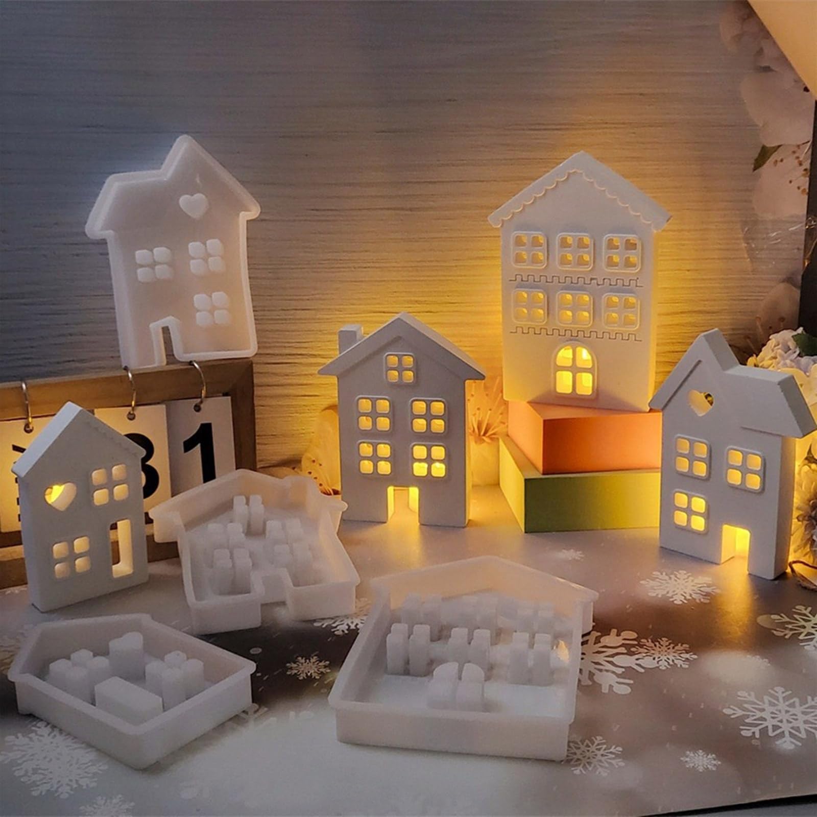 Confezione da 4 stampi in silicone fatti a mano a forma di casa in resina, adatti per decorazioni e regali