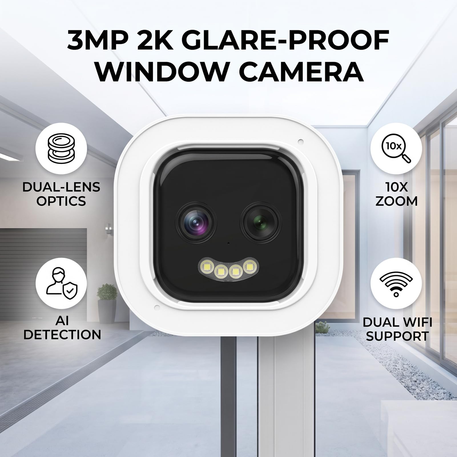 XUMIUZIY Kamera do Monitoringu Okiennego, Podwójny Obiektyw 2K 3MP z | Obsługuje Wi-Fi 2.4G/5G, Wykrywanie Ruchu PIR, Dwukierunkowe Audio, Widzenie Kolorów w Nocy, łatwy montaż Bez Wiercenia w