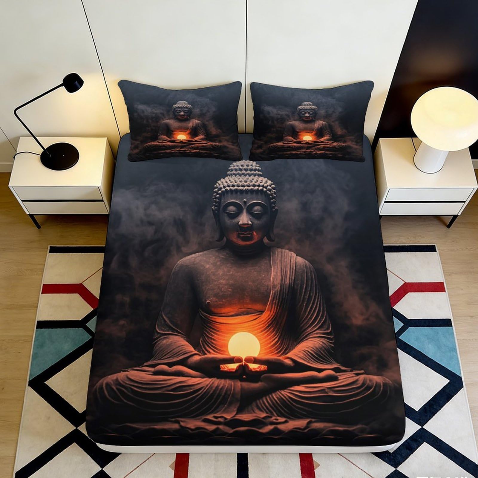 3D Printed Buddha Meditation Fitted Sheet Microfiber Soft Spiritual Sunrise Bed Cover for Bedroom Guest Room Decor 90x200x25cm