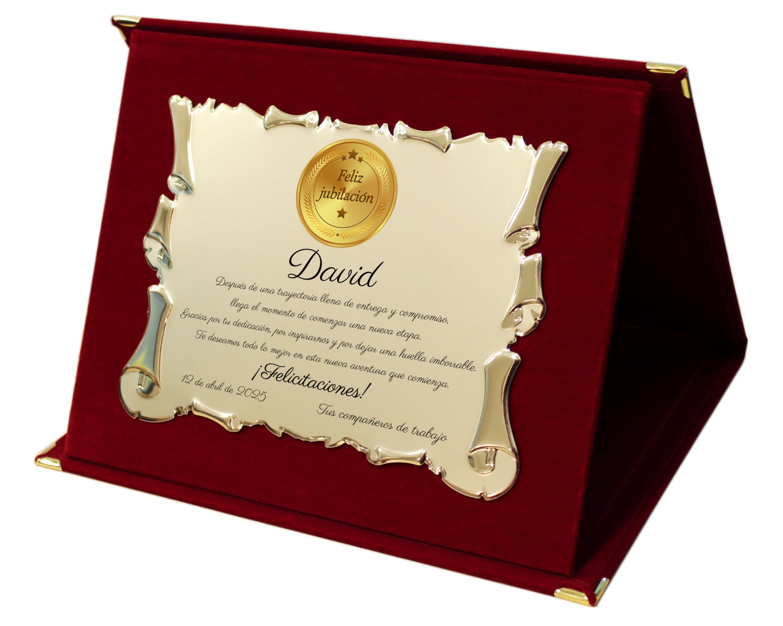 Placa de Jubilación Personalizada | Regalo de Agradecimiento por Retiro | Targa Estilo Pergamino con Estuche Elegante | con Medalla Elegante