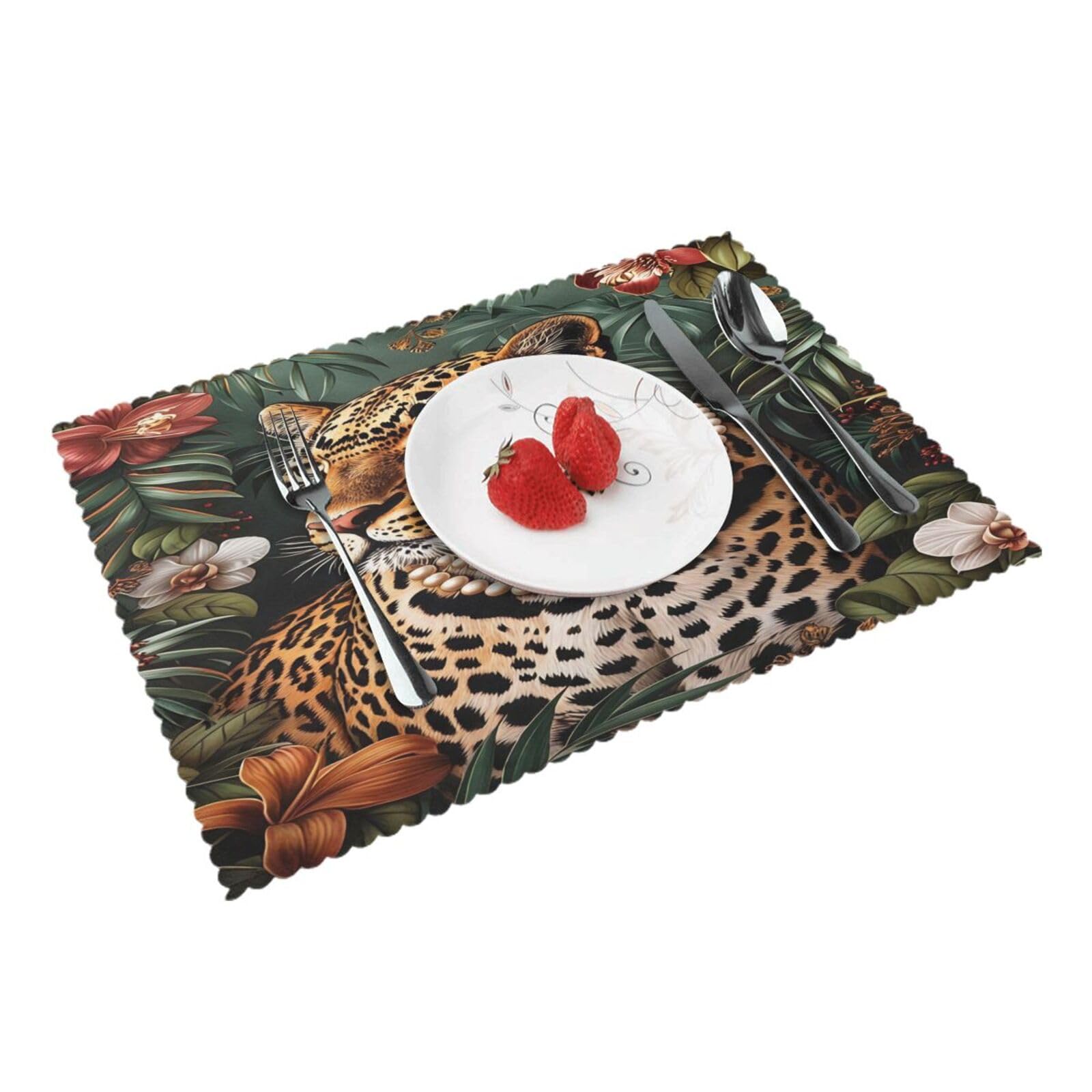 Leopard Floral Pearl Placemats Set of 4 Print Table Mats Place Mats Table Decor for Kitchen Dining 12X18 in