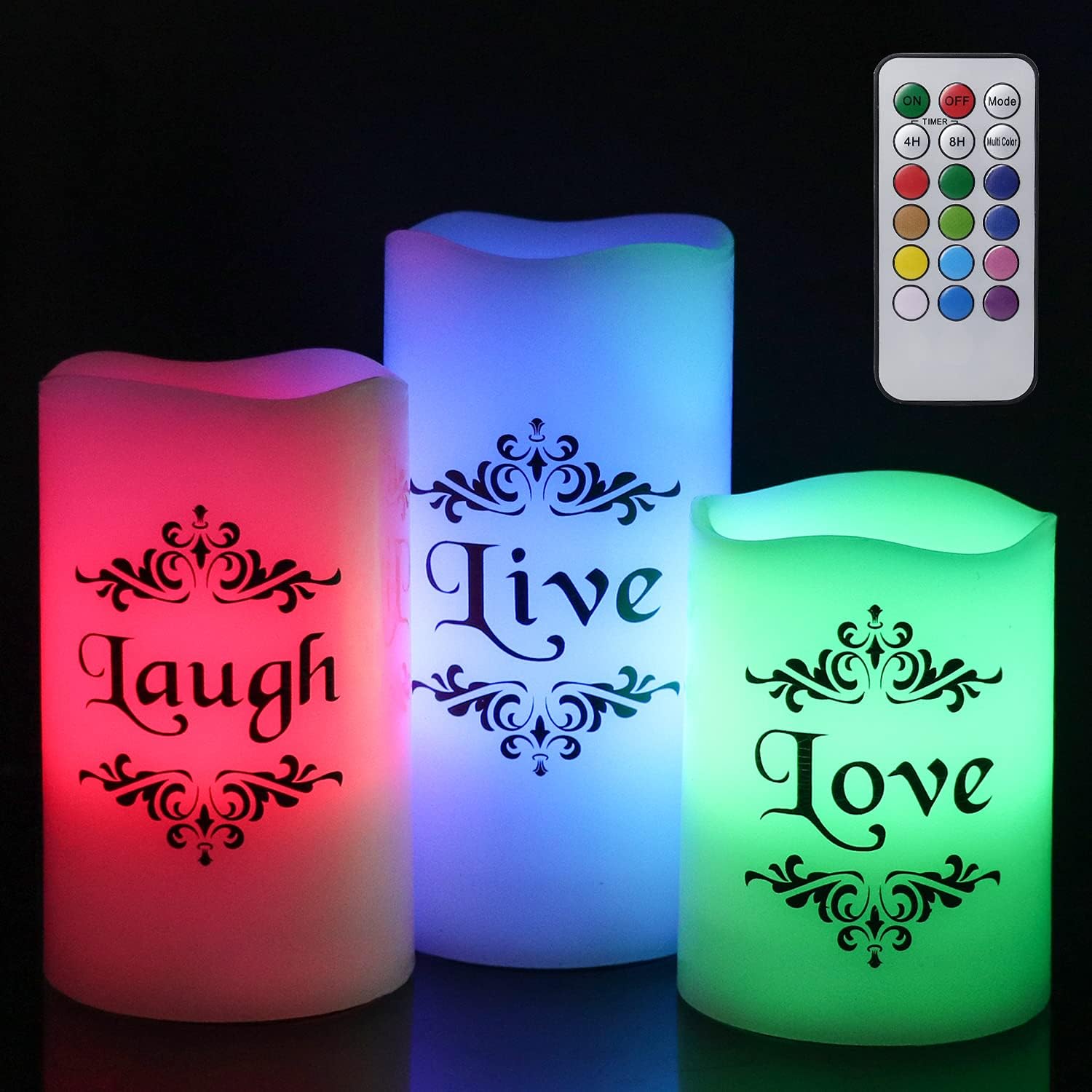 Eldnacele Color Changing Pillar Candles Battery Operated Flickering Flameless Candles Multi Colored with Remote Control Timer - Live, Love, Laugh Candle Gifts Decor (D3 x H4 5" 6")