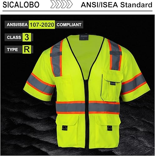 Miniatura 3 de Chaleco de malla de seguridad de alta visibilidad para hombre con 10 bolsillos, chaleco reflectante Hi Vis, clase 3, ropa de trabajo con cremallera