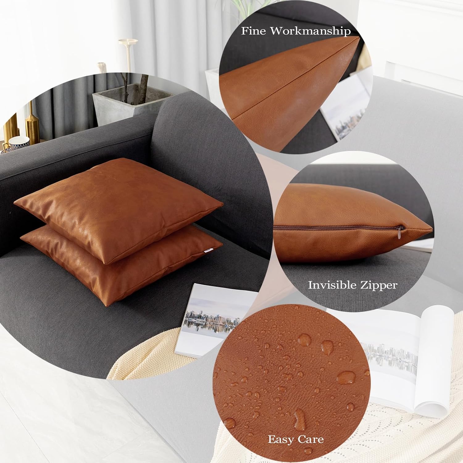 Set of 2 Thick Cognac Brown Modern Faux Leather Throw Pillow Covers 20 x 20 inches Solid Decorative Cushion Covers Farmhouse Decor Pillow Case for Couch Sofa Bedroom Living Room, Cognac Brown