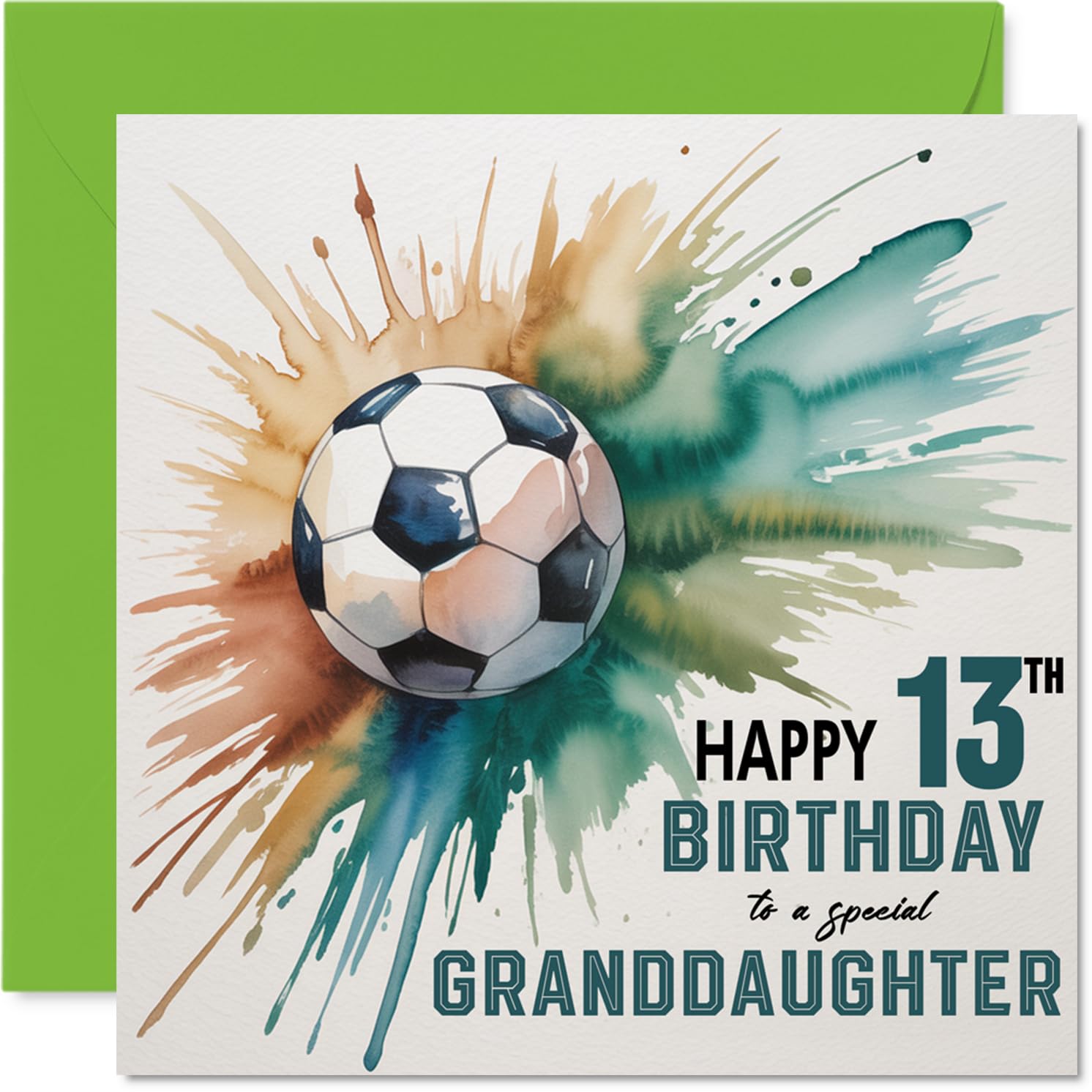 13th Birthday Cards for Granddaughter - Watercolour Football Splash - Happy Birthday Card for 13 Year Old Granddaughter from Grandad Grandma, 145mm Bday Greeting Cards