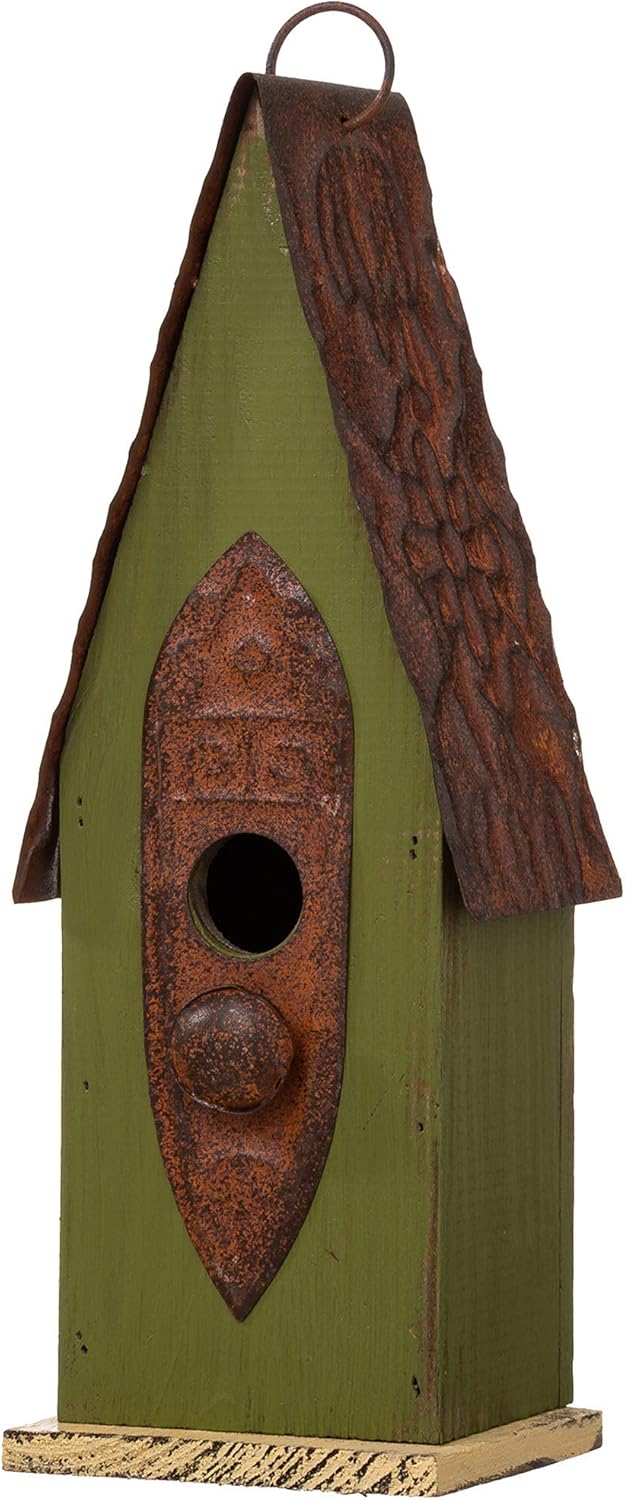 Glitzhome JK97326 Hanging Distressed Wooden Bird House Garden Decorative 13.25 Inch Tall, Green : Patio, Lawn & Garden