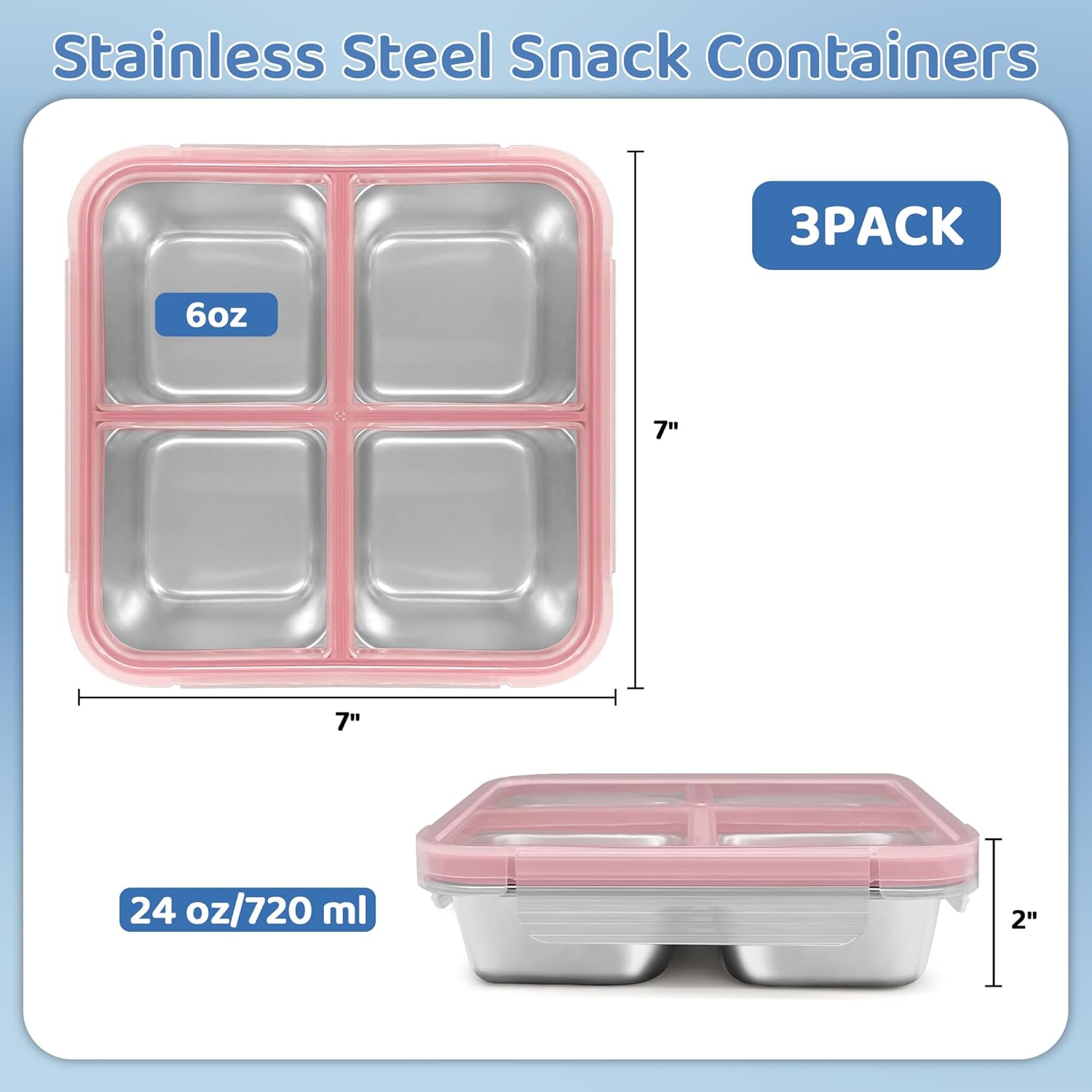 3 Pack Stainless Steel Reusable Snack Containers with Lids, 4 Compartment, Leakproof, 24.5 oz Food Storage & Meal Prep Containers, Bento Lunch Box for Adults,Men,Women(Pink)