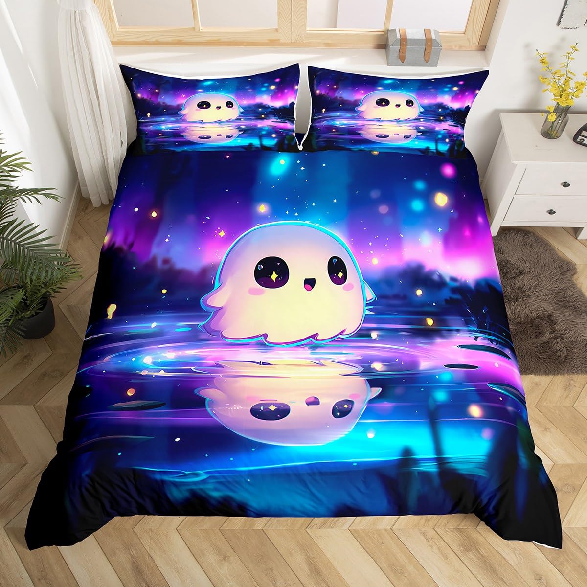 Homemissing Cute Ghost Bedding Set Cot Size Kids Starry Sky Duvet Cover for Boys Girls Happy Halloween Duvet Cover Soft Microfiber Room Decor（No Stuffing） — image 1