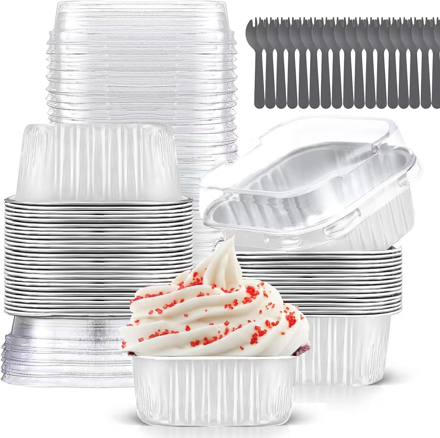 Mini Cake Pans With Lids (10oz,40 Pack) Aluminum Foil Square Cupcake Liners Brownie Baking Cups,Disposable 4”x4” Large Cupcake Pan,Jumbo Muffin Tin Ramekins Holders