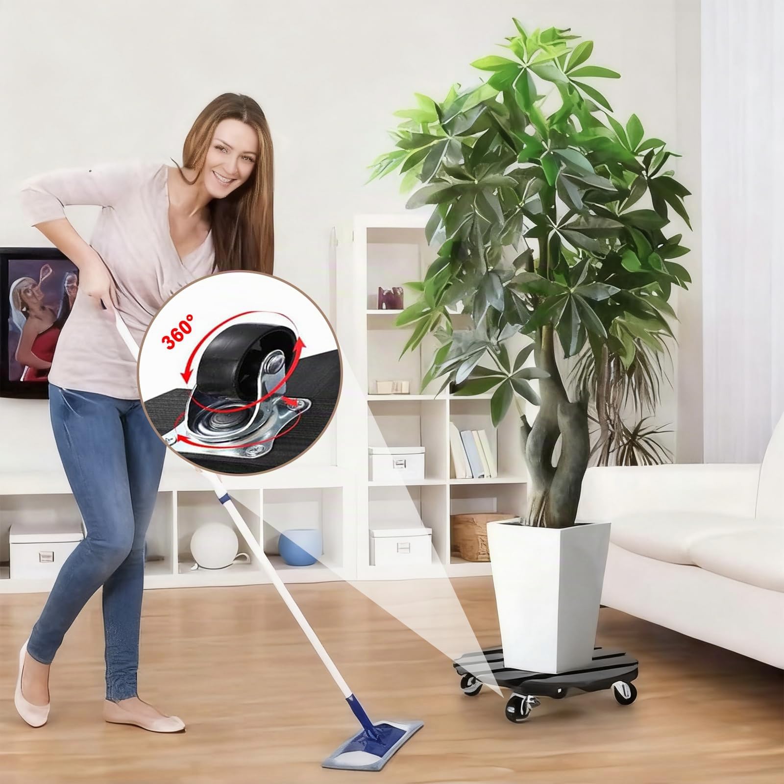 Porte Plante a Roulettes, 2 Supports de Plantes à Roulettes, avec Roulette Coulissantes Verrouillables à 360°, Capacite 120kg, Supports de Pots de Fleurs à Roulettes en Bois 30cm, pour Extérieur, Noir