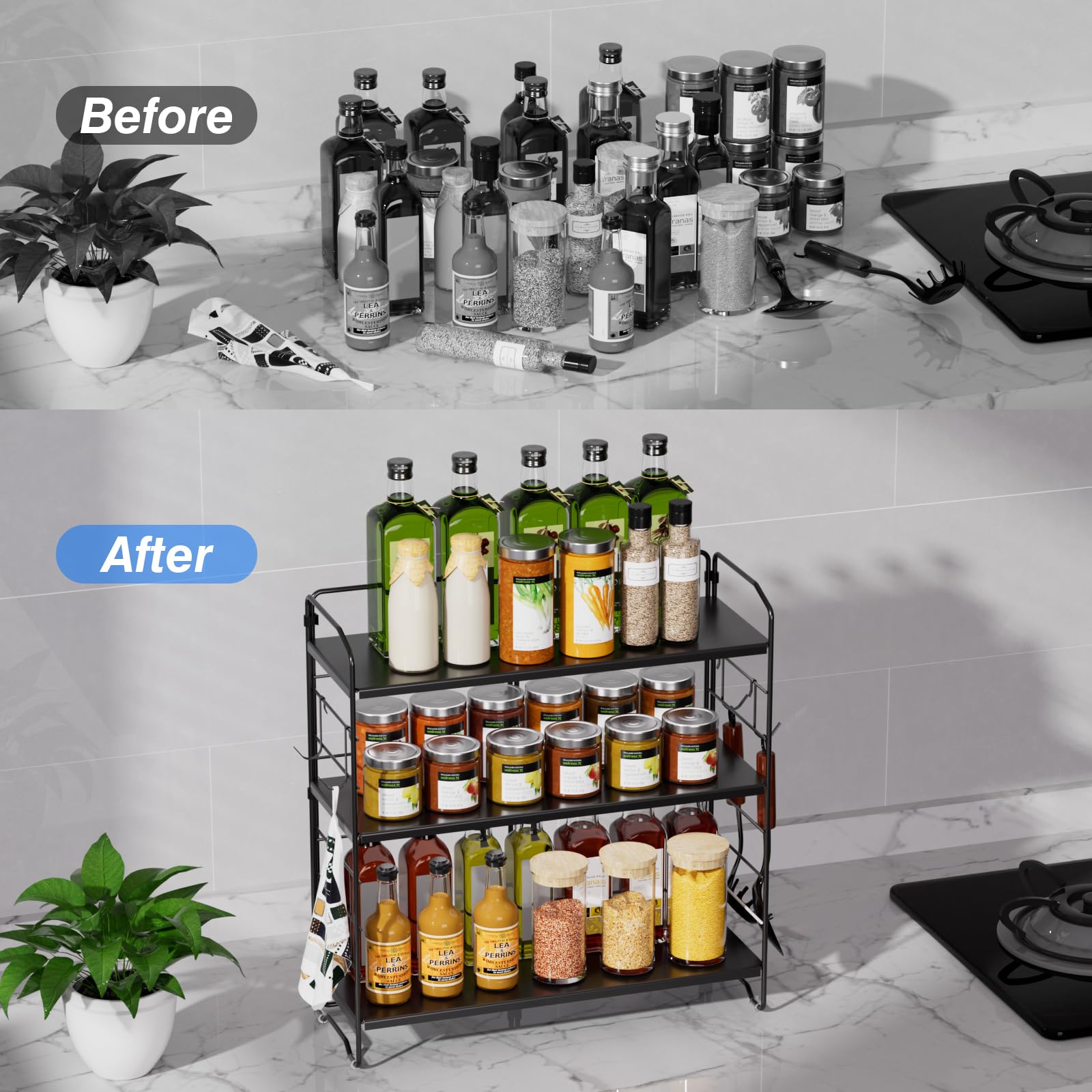 AHOMSEL Porta spezie in metallo a 3 ripiani, ripiani da cucina regolabili in altezza, porta spezie verticale, portaoggetti da banco per cucina, bagno e camera da letto, nero