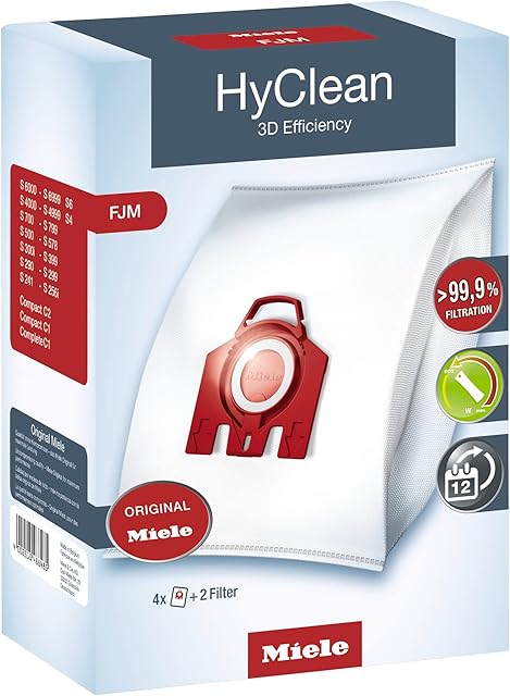 Miele 9917710 HyClean 3D Efficiency FJM Vacuum Cleaner Bags for Bagged Miele Vacuum Cleaners, Pack of 4
