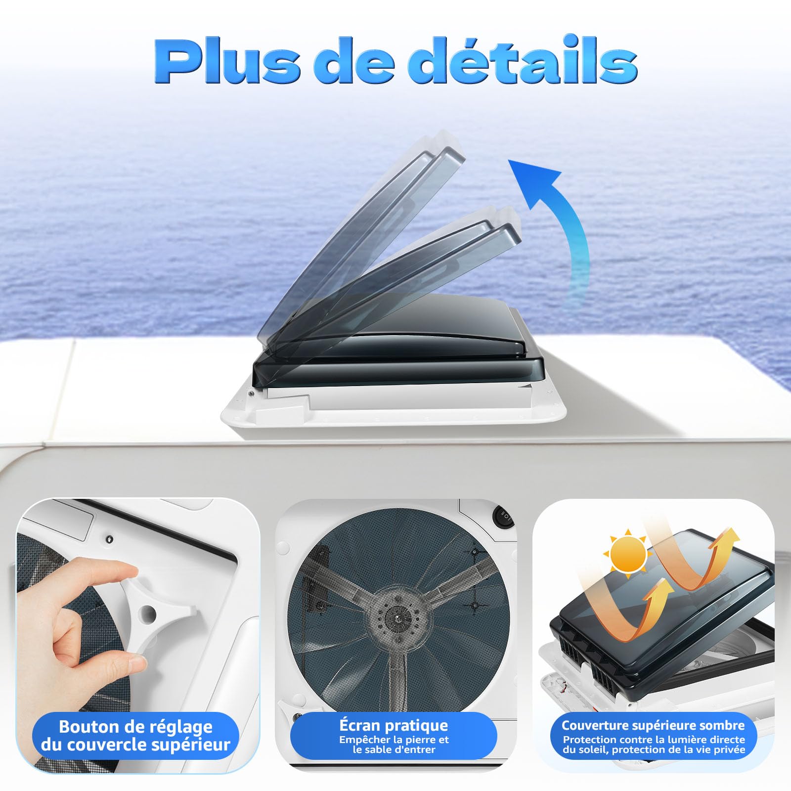 Lanterneau Camping Car 28x28cm – Ventilateur de Toit Silencieux 12V LED, Trappe Insonorisée IP68 Caravane, 6 Vitesses 30W Aération Toit Ouvert, Accessoire RV Fenêtre de Toit