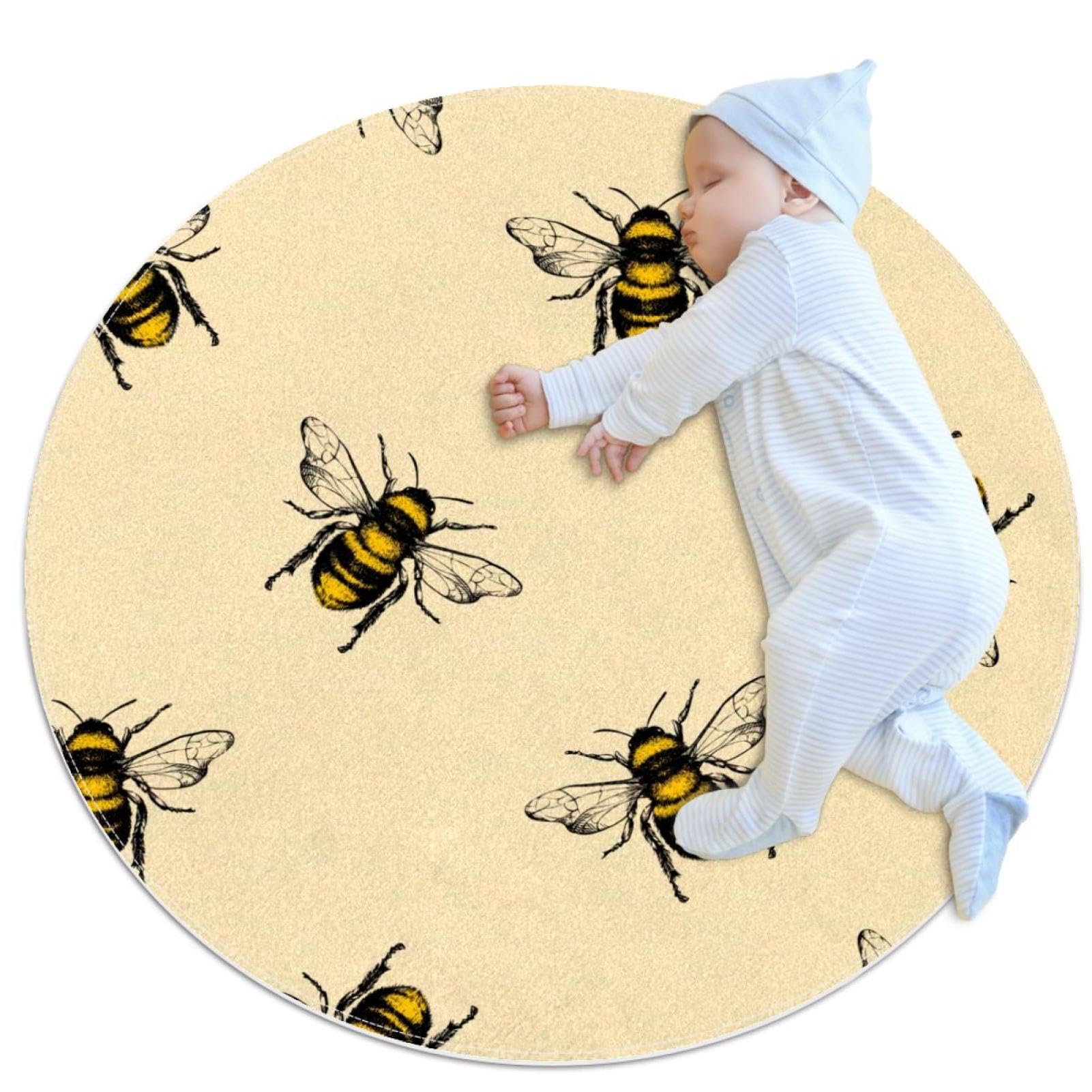 Tapis de bain rond 1 m avec motif abeille miel et dos de sol antidérapant