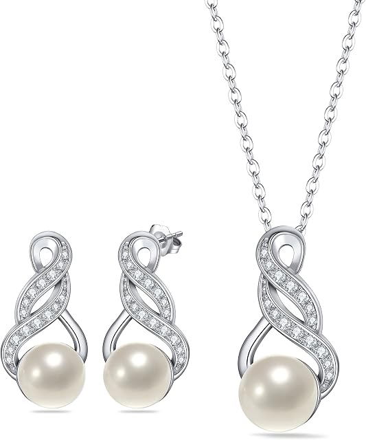Clearine 925 Sterling Sliver CZ Freshwater Pearl Pendant Necklace Hook Earrings Set for Wedding Bridal, Valentines Day/Birthday/Christmas/Mother's Day Jewellery Set Gift for Mom/Wife/Girlfriend