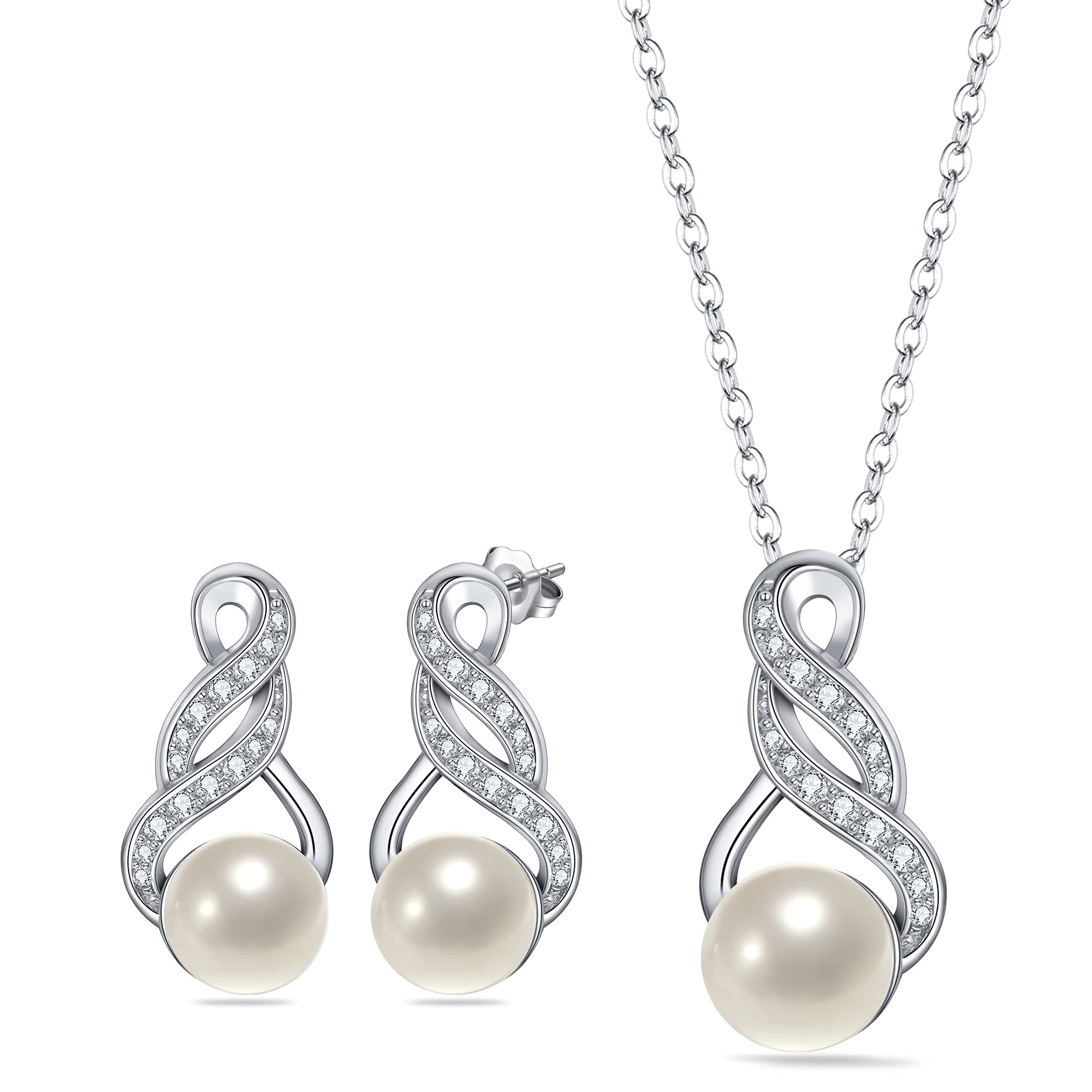 Clearine Mujer de plata de ley 925 Delicate Elegant CZ Cream perlas cultivadas en espiral infinito colgante collar gancho pendientes joyas set, Plata de ley, circonita cúbica, perla cultivada en agua