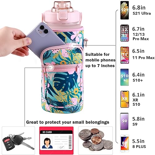 Miniatura 3 de RYI Botella de agua de medio galón con funda y correa, botellas de agua motivacionales de 64 onzas con pajilla, jarra de agua grande de boca ancha