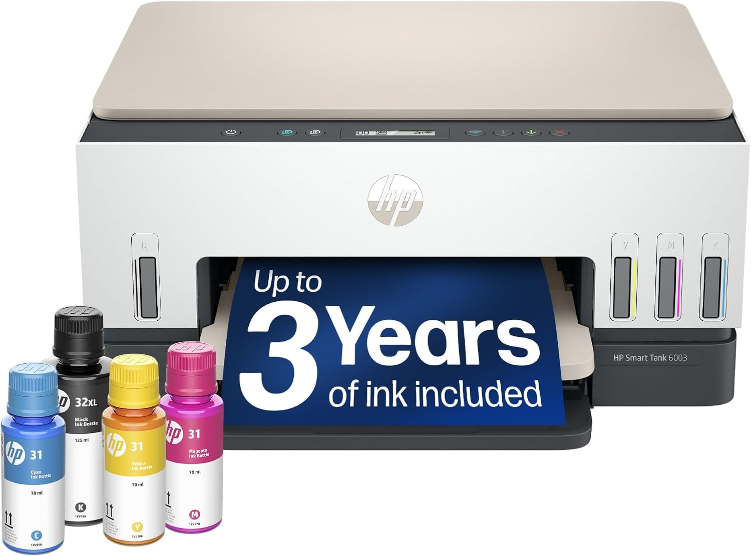 HP Smart Tank 6003 Wireless All-in-One Ink Tank Printer, Scanner, Copier with up to 3 Years of Ink Included, Best-for-Home, Cartridge-Free Refillable, AI-Capable (9B5C8A)