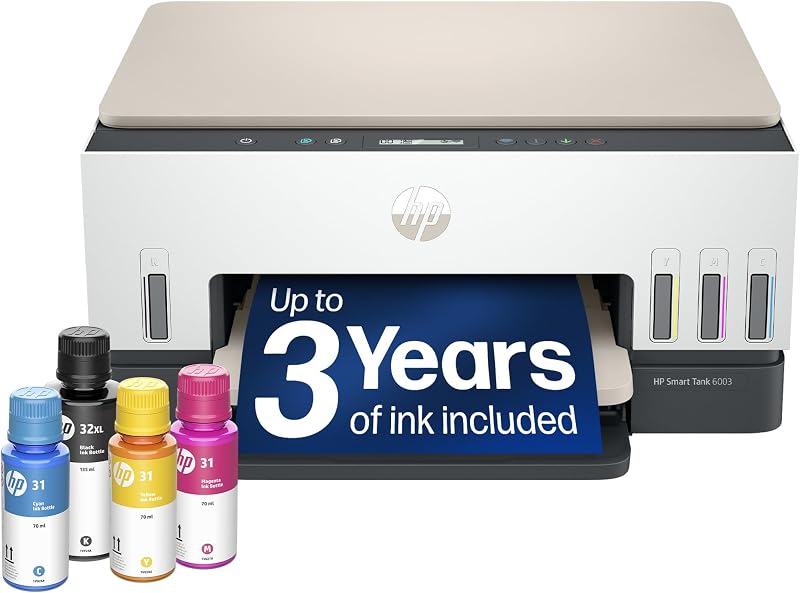 HP Smart Tank 6003 Wireless All-in-One Ink Tank Printer, Scanner, Copier with up to 3 Years of Ink Included, Best-for-Home, Cartridge-Free Refillable, AI-Capable (9B5C8A)