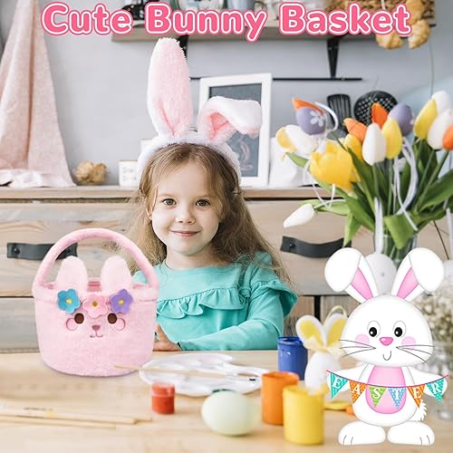 Miniatura 2 de Cesta de Pascua – Cestas de Pascua para niños, cestas de conejo de Pascua de felpa rosa, cesta de Pascua para niñas vacía, bonita cesta de conejo