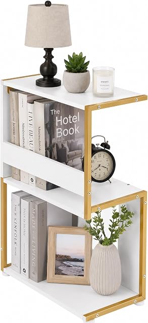 Narrow End Table for Small Spaces - Slim Side Table, S Shape Design Narrow End Tables Living Room,Skinny Bedroom Nightstand Thin Side Magazine Bookshelf (Champagne Gold)